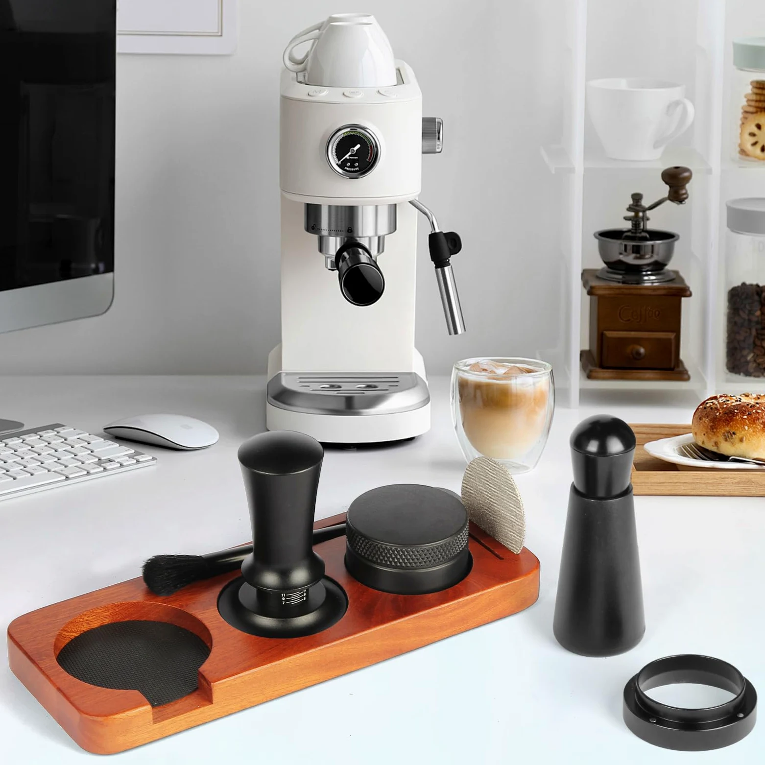 7 pièces Accessoires pour expresso, outils de tamping pour expresso de 51 mm, kit d'accessoires pour machine à expresso avec outil WDT, tampeur à café avec station de tamping en bois pour expresso