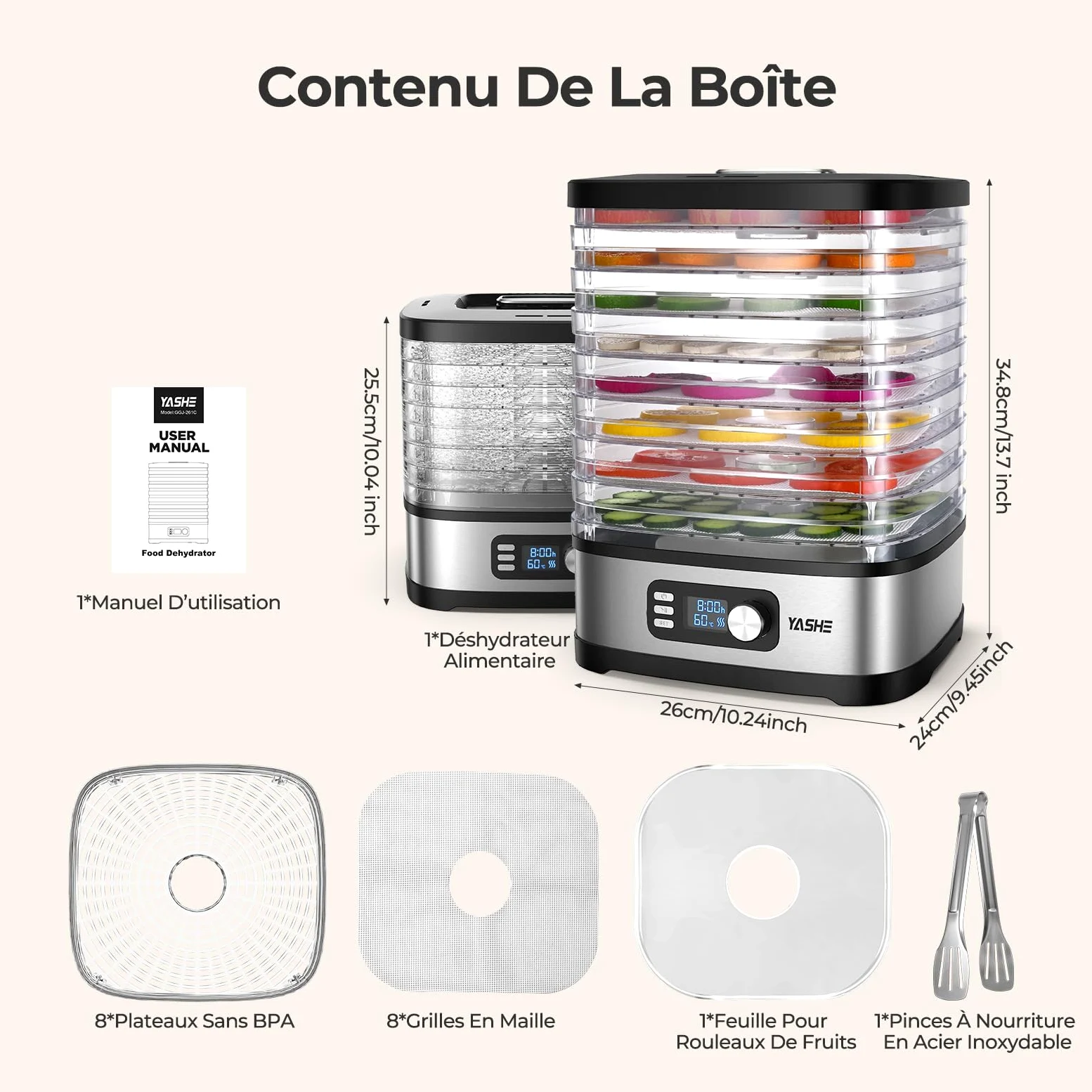YASHE Deshydrateur Alimentaire 8 Plateaux, Minuteur Digital & Température Réglable, Plateaux Sans BPA, Feuilles en Maille & Rouleaux de Fruits, Pince Inox, Pour Jerky, Fruits, Légumes et Herbes