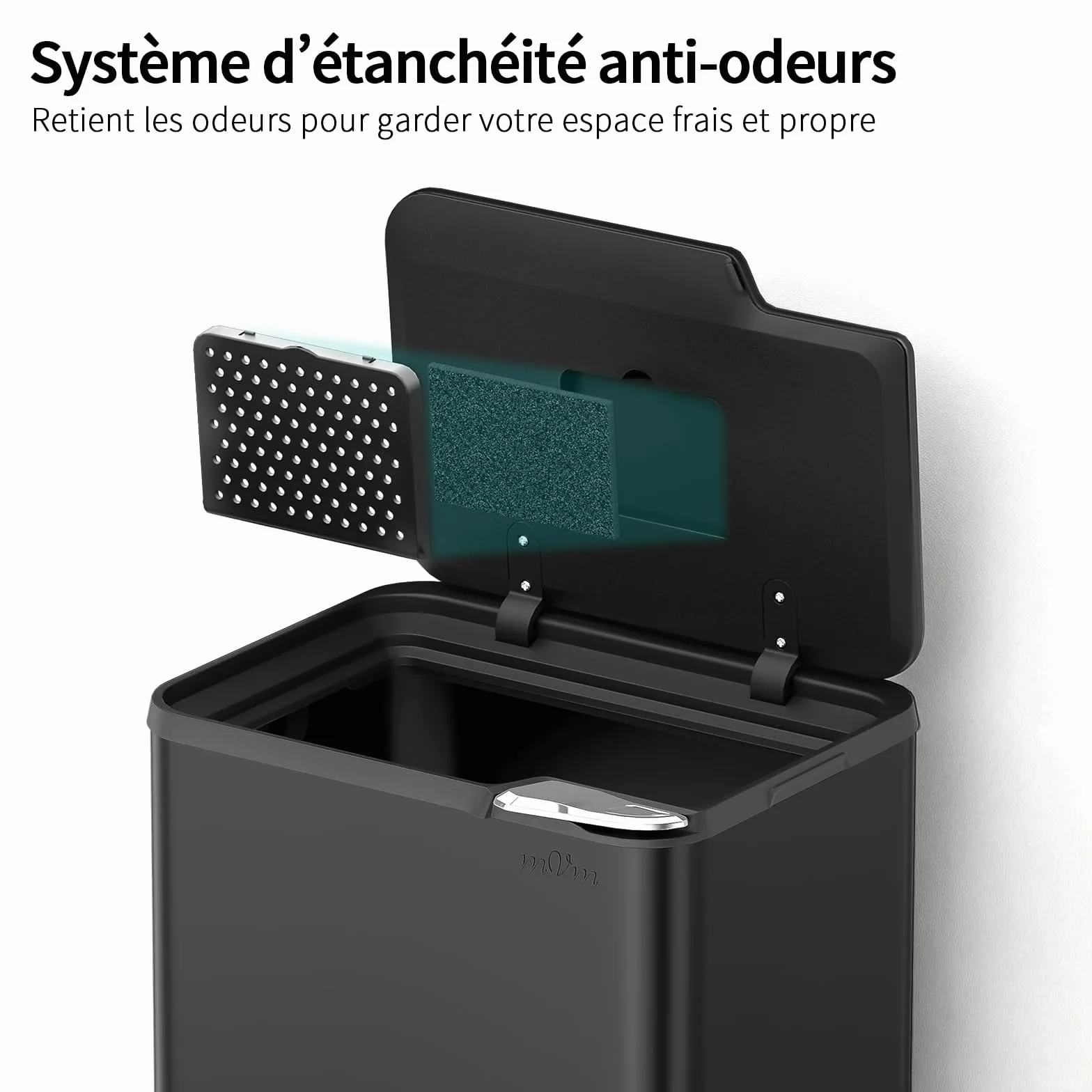 mVm Poubelle de Cuisine, Bureau 80L, avec Couvercle et Filtre Déodorant, Fermeture Douce et Maintien en Ouverture, en acier inoxydable, forme Rectangulaire, Support Détachable