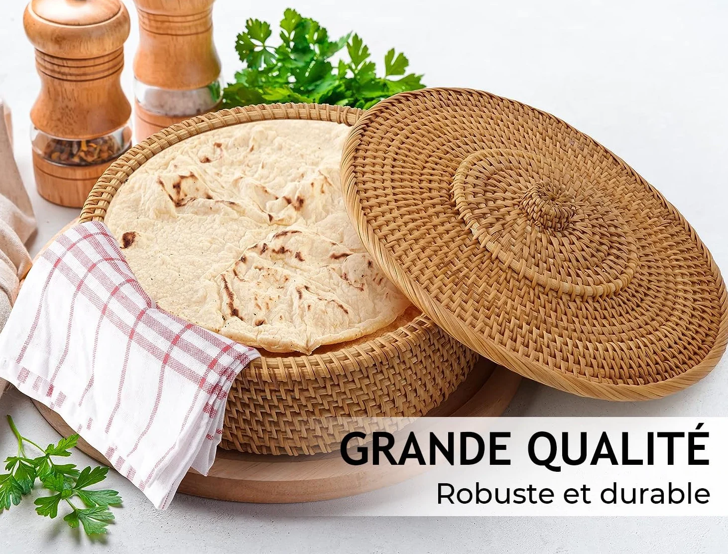 Tortillada - Chauffe Tortillas 26 cm Rotin – Panier à Pain Fait Main pour Tortillas, Wraps et Pain Plat – Avec Tissu en Coton, Garde les Aliments Chauds