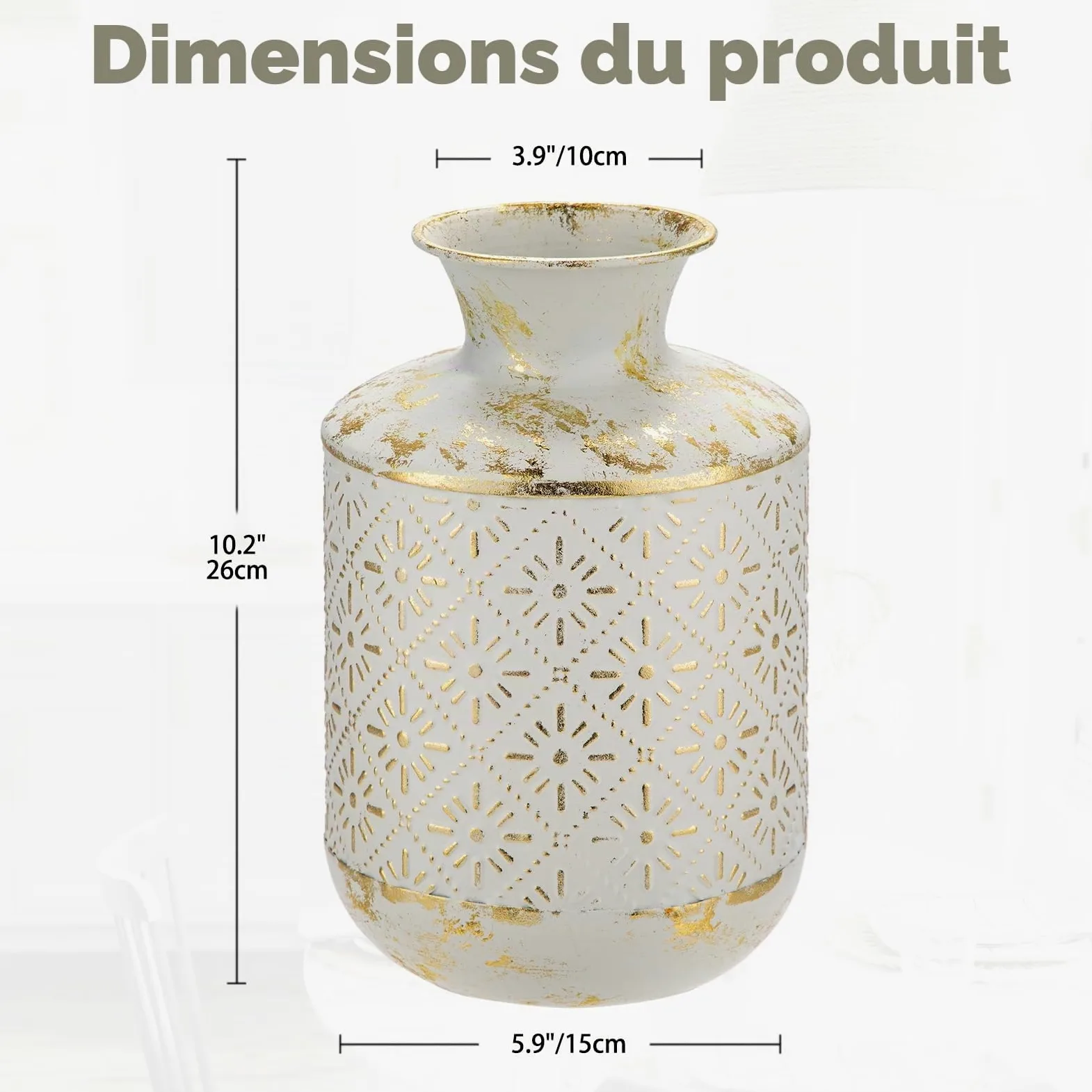 Vase à fleurs, 26 cm de haut, rustique, blanche et dorée, style shabby chic, en métal, vase décoratif pour bouquets, fleurs séchées, table à manger, décoration de bureau