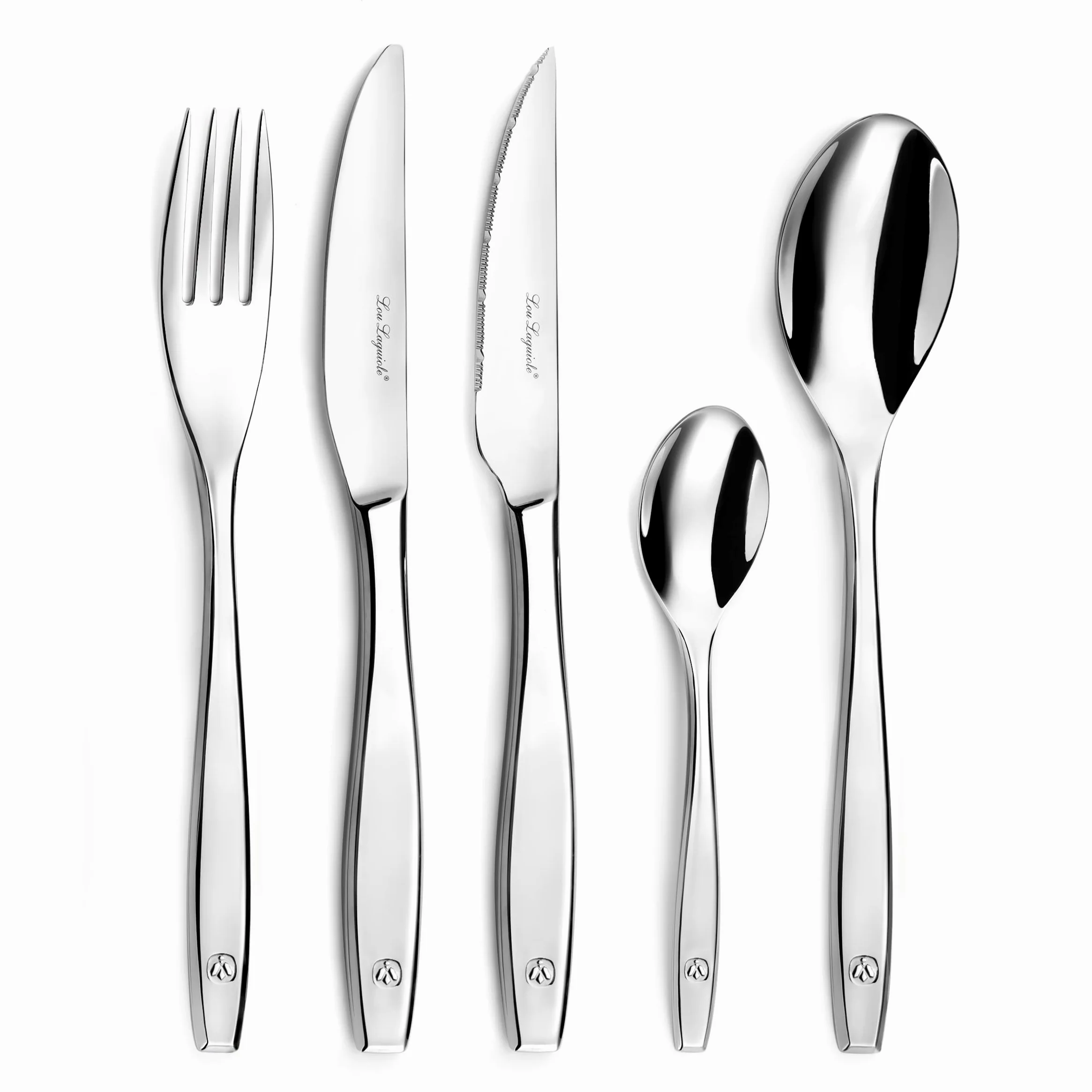 LOU LAGUIOLE - Ménagère 62 pièces avec couverts de table et couteaux steak pour 12 personnes - Figure - Acier inoxydable 18/0, Finition Miroir