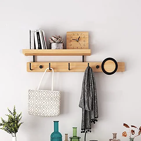 Porte-manteau avec étagère de rangement – Crochets muraux en bois pour couloir, salle de bain, salon, chambre à coucher
