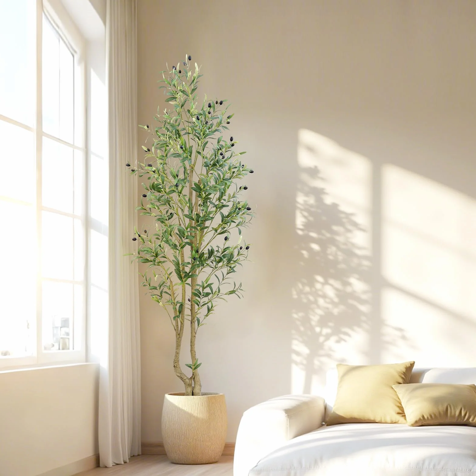 HZXGCP Olivier artificiel de 1,8 m avec pot blanc, faux arbre avec 1296 feuilles denses et 72 fruits d'olivier artificiels – Assemblage facile, nécessite peu d'entretien (olivier de 1,8 m)