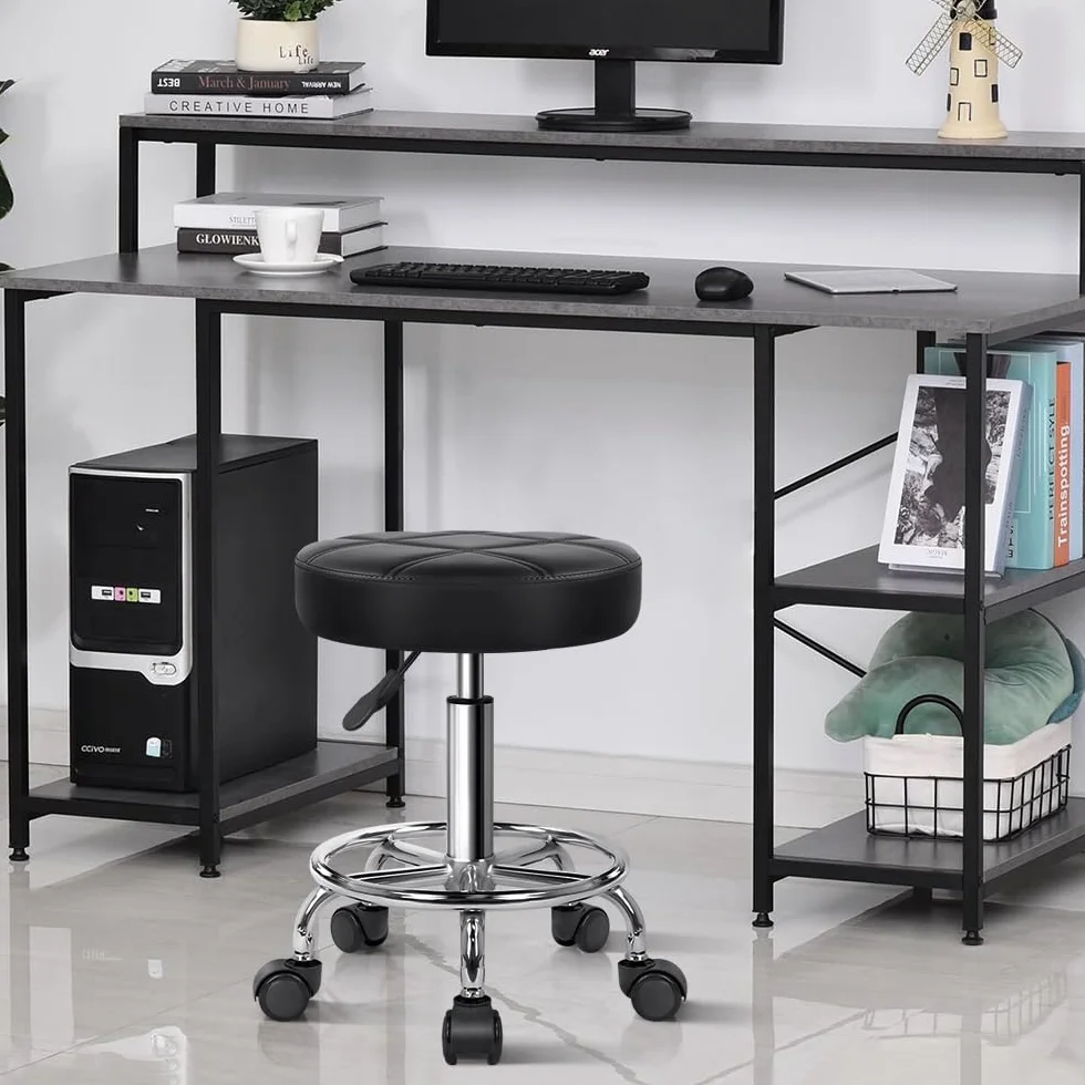 KKTONER Tabouret de Bureau Tabouret de Travail à roulettes d'atelier réglable 49-64cm en Cuir synthétique Noir
