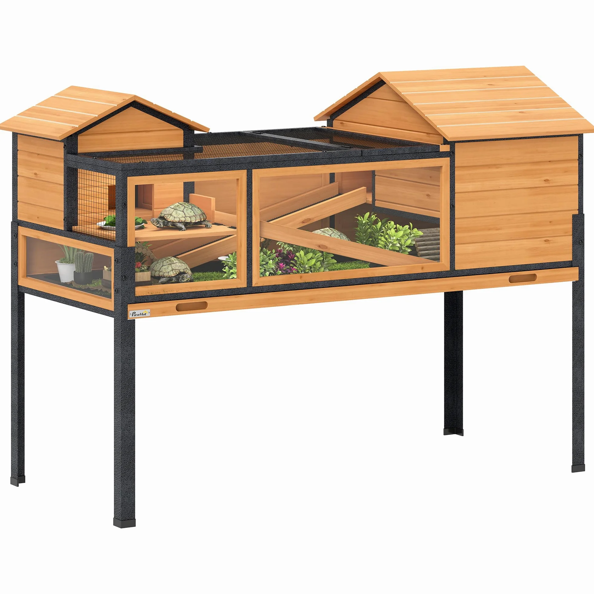 PawHut Maison pour Tortues, Habitat en Bois à 2 étages avec 2 Chambres, enclos intérieur extérieur avec rampes, Toit ouvrable et Plateau, Grande Cage pour Reptiles, 128x63x96cm, Jaune