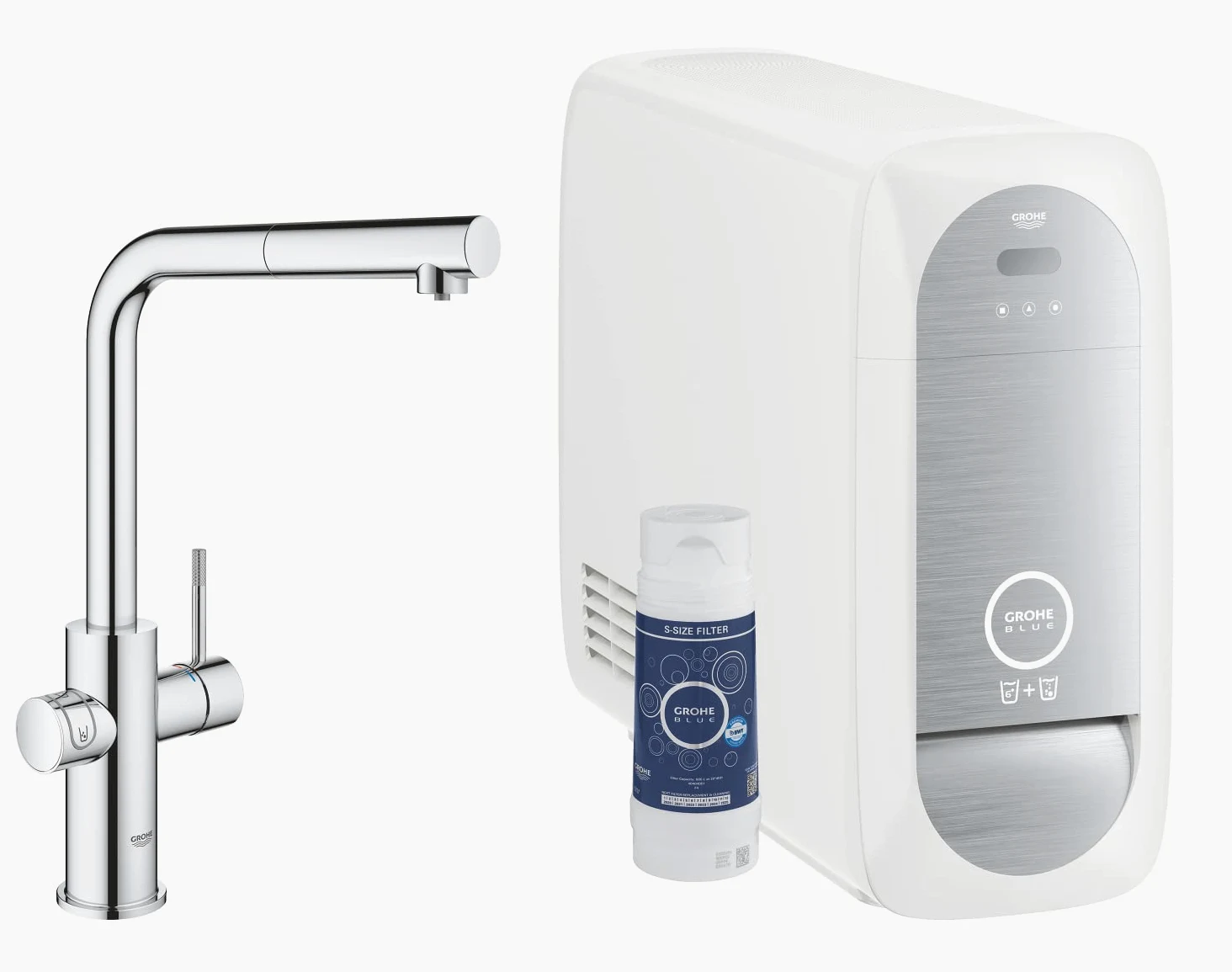 GROHE Robinet de cuisine évier Blue Home, système de filtration, gazéification et refroidissement, mousseur extractible, bec en forme de L, chromé, 31927001 (Import Allemagne)