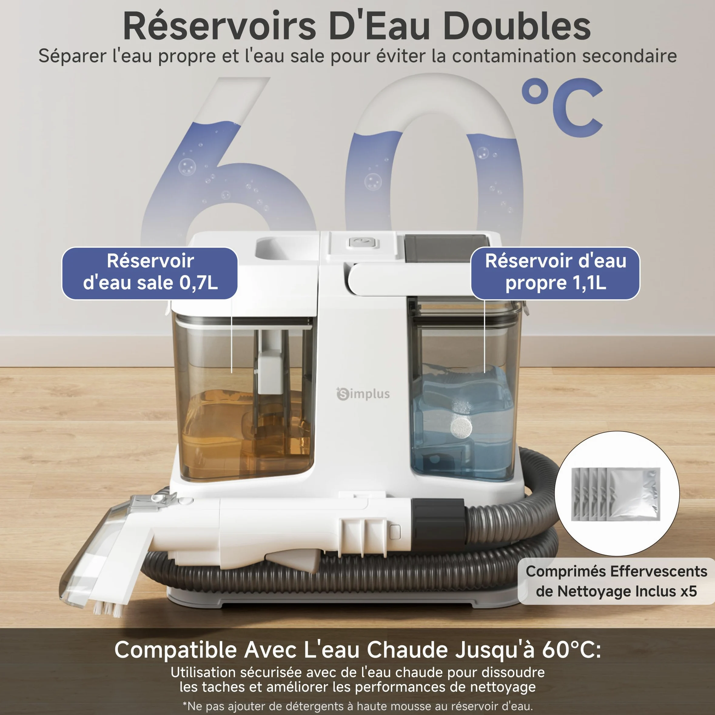 SIMPLUS Shampouineuse Canapé avec Fonction Autonettoyante, Nettoyeur Tissus Puissant 15000Pa, Idéal pour Poils d’Animaux, Nettoyeur Tapis/Matelas/Voiture/Moquettes, Réservoir Double