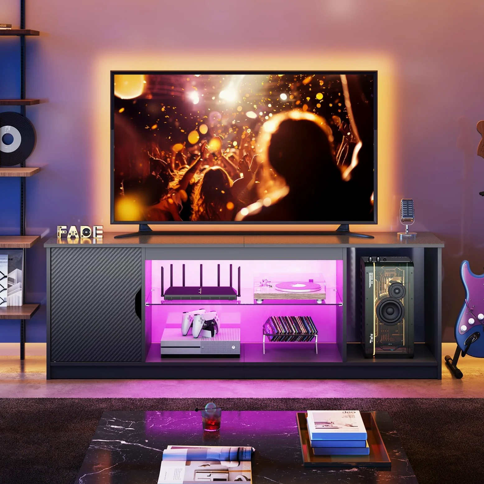 Bestier Support TV LED 145 cm pour TV de 55/60/65" avec Armoire pour PS5, Moderne, avec étagères en Verre réglables, pour Salon, Chambre à Coucher, Fibre de Carbone Noire