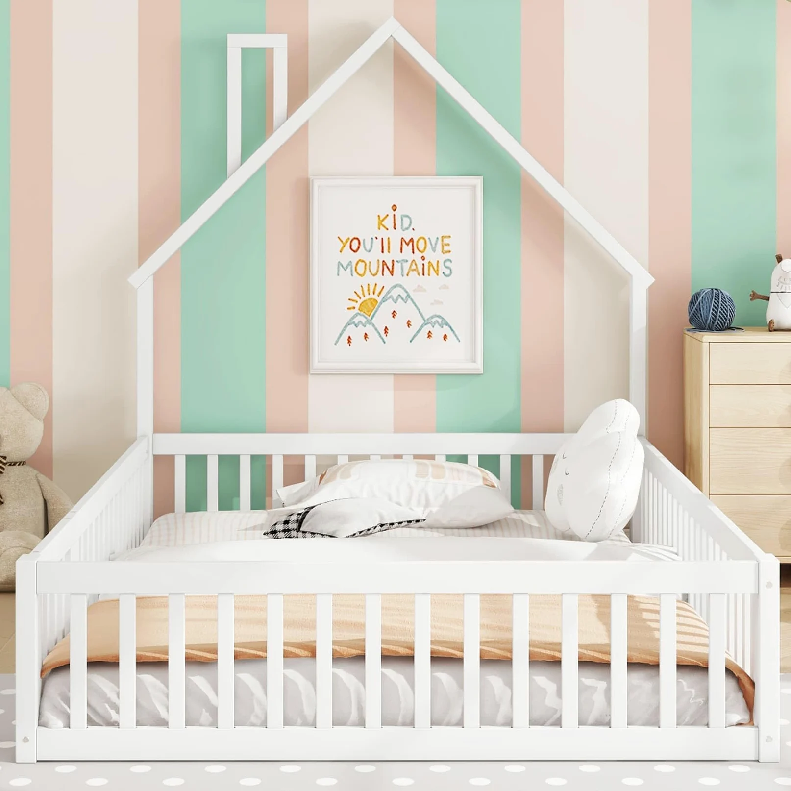Lit Au Sol Enfant,Lit Cabane Enfant 140x200 avec Sommier à Lattes Solide,Porte,Barrière de lit,pour Enfants,Pin (Blanc, 140x200)