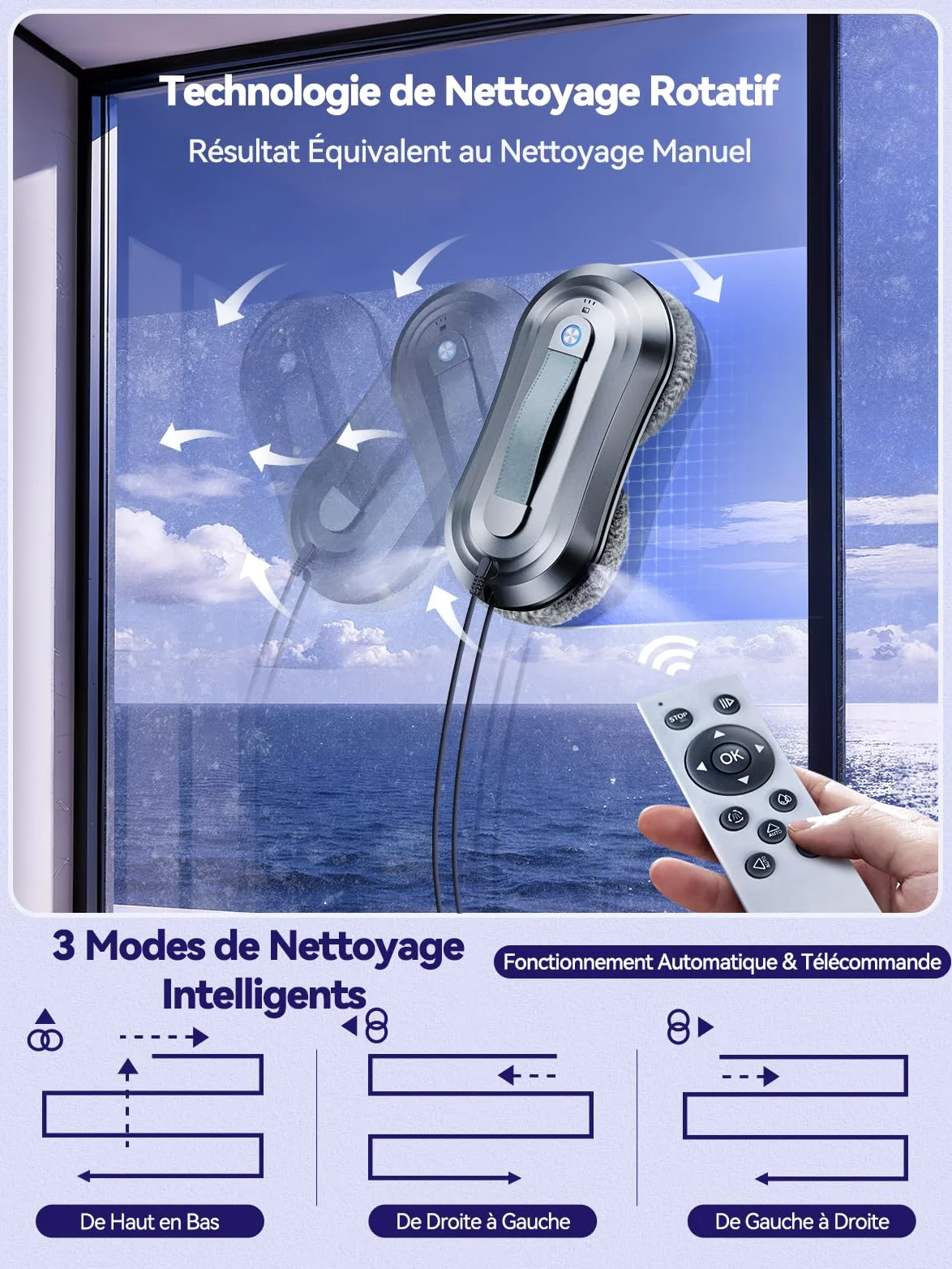 Robot Laveur de Vitre, Fonction Vaporisation, Aspiration Turbo 7000Pa, Silencieux, 3 Modes, Navigation Intelligente, Détection Bords, 10 Lingettes