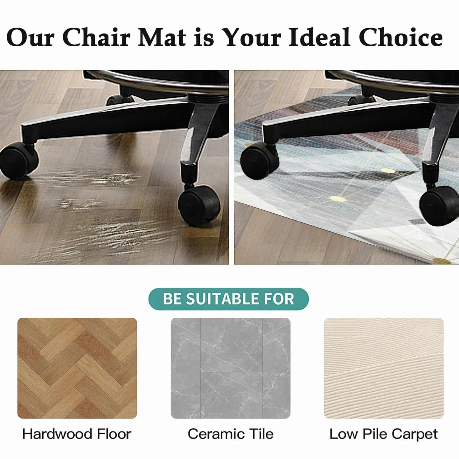 Tapis de chaise de bureau pour moquette de grande taille 90 x 120 cm multi-usage, tapis de chaise de bureau haute performance pour jeu, protège les tapis faibles/sans poils, glisse lisse, protection