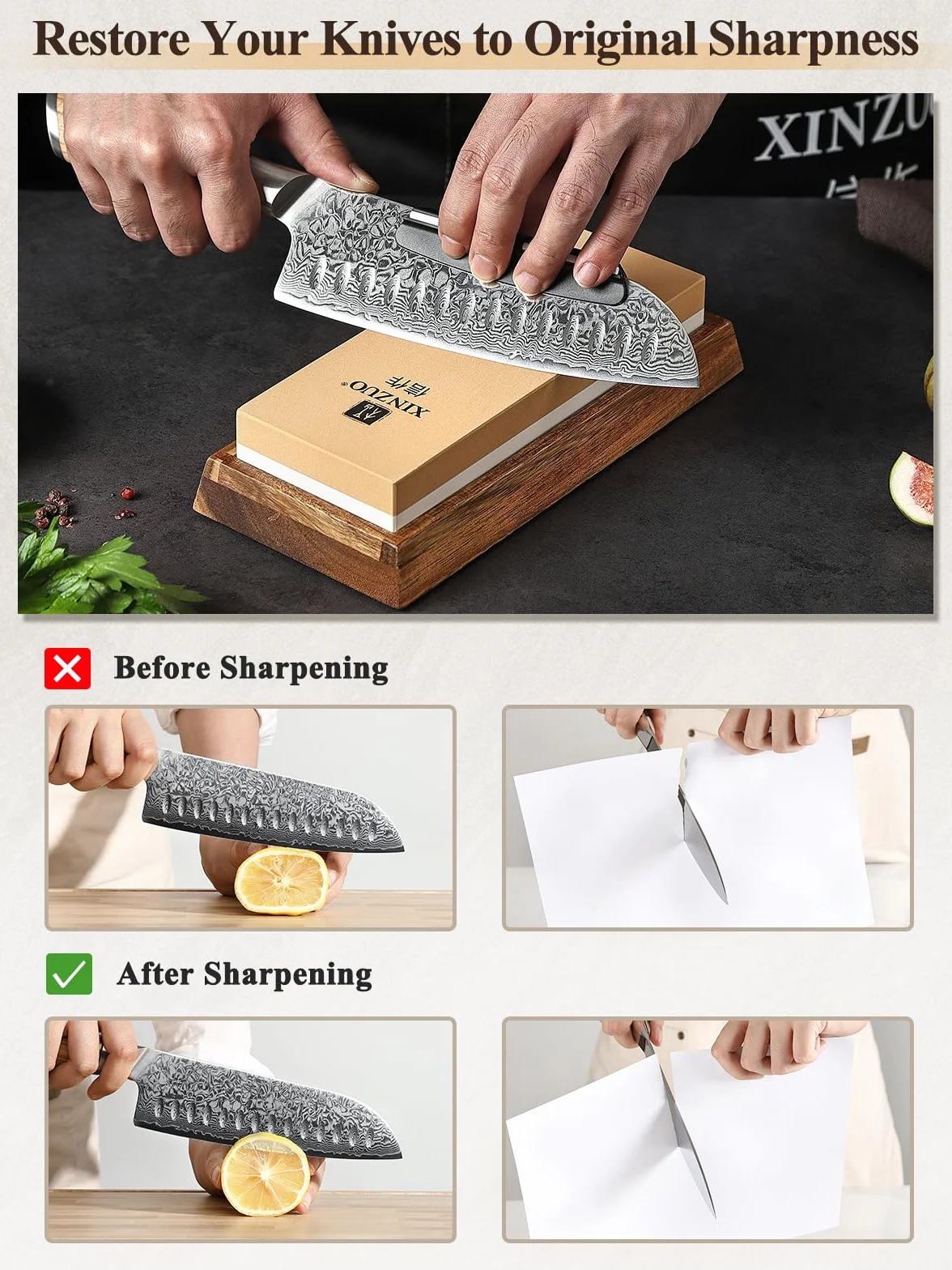 XINZUO Pierre à Aiguiser Grain Double Face 1000/5000, Aiguiseur de Couteau à Affûter Professionnel 2-en-1-Face avec Base en Silicone Antidérapant et Guide d'Angle et Pierre à Aplatir, 5 Pièces