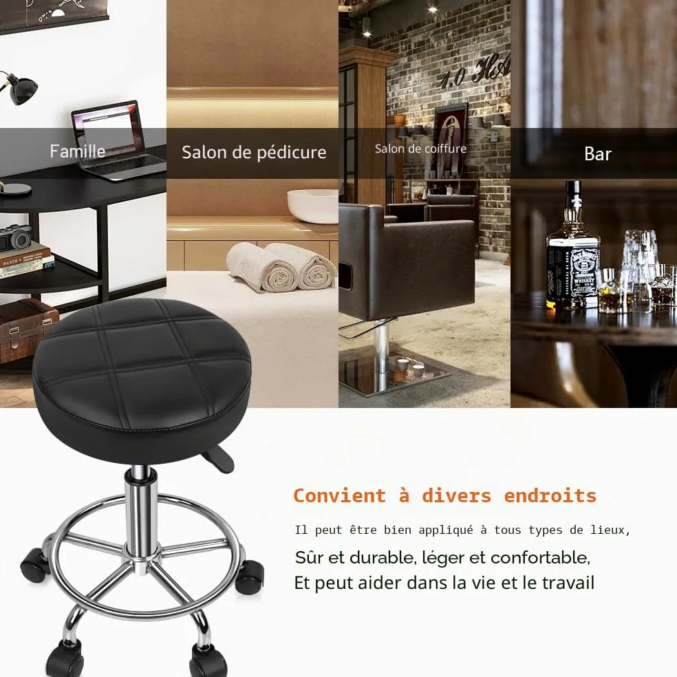 KKTONER Tabouret de Bureau Tabouret de Travail à roulettes d'atelier réglable 49-64cm en Cuir synthétique Noir