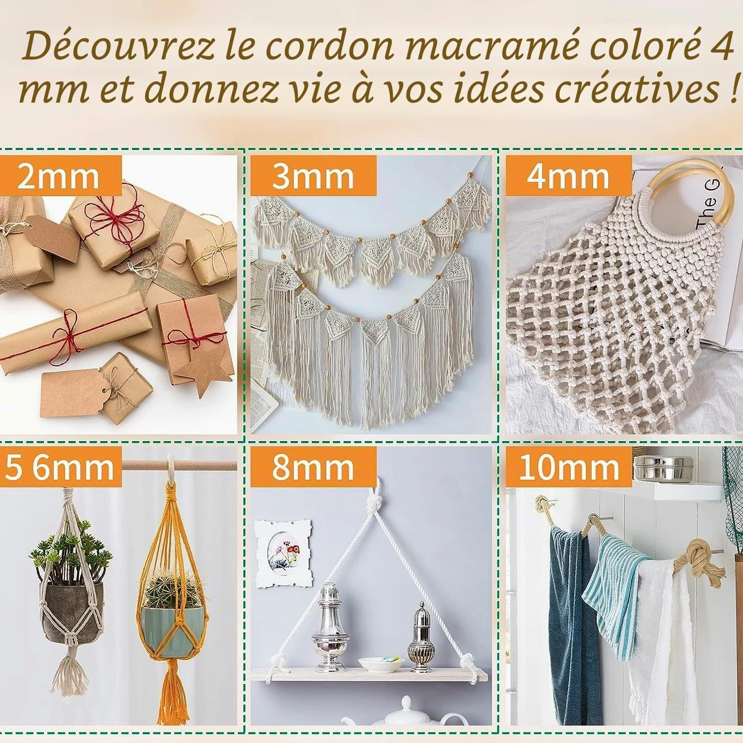 4 mm x 500 m Beige Cordon en Coton macramé Doux, 4 brins torsadés 100% Coton Naturel pour accrochage Mural, Bricolage, Artisanat, Tricot, accroche-Plantes, projets de décoration