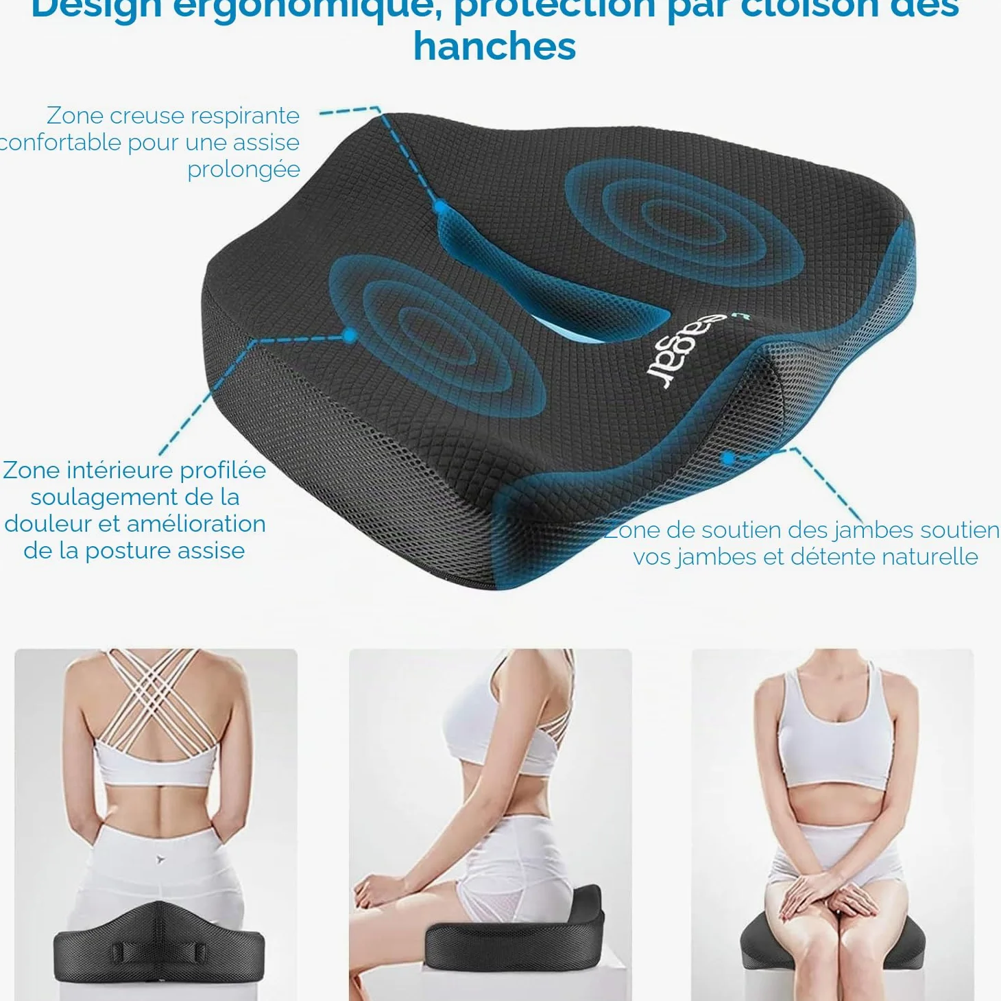 Feagar Coussin de Chaises en Mousse à Mémoire - Coussin Coccyx Ergonomique pour Siège Voiture Auto Conducteur Fauteil Bureau Fauteuil Roulant,Coussin Sciatique,Coussin d Assise,Noir