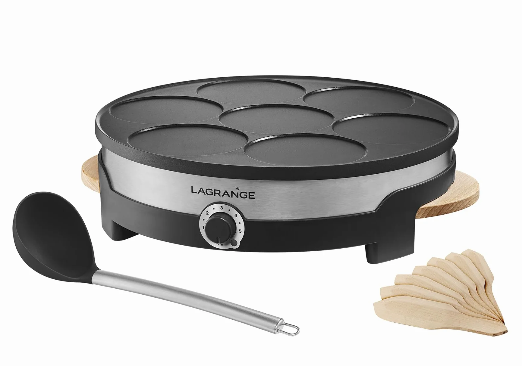 LAGRANGE Crêpière électrique, Fabrication française, 1500 W, Thermostat réglable, 7 mini-crêpes de 11 cm de diamètre, Plaque en fonte d'aluminium, poignées en bois, Tradi' Multi, 109015
