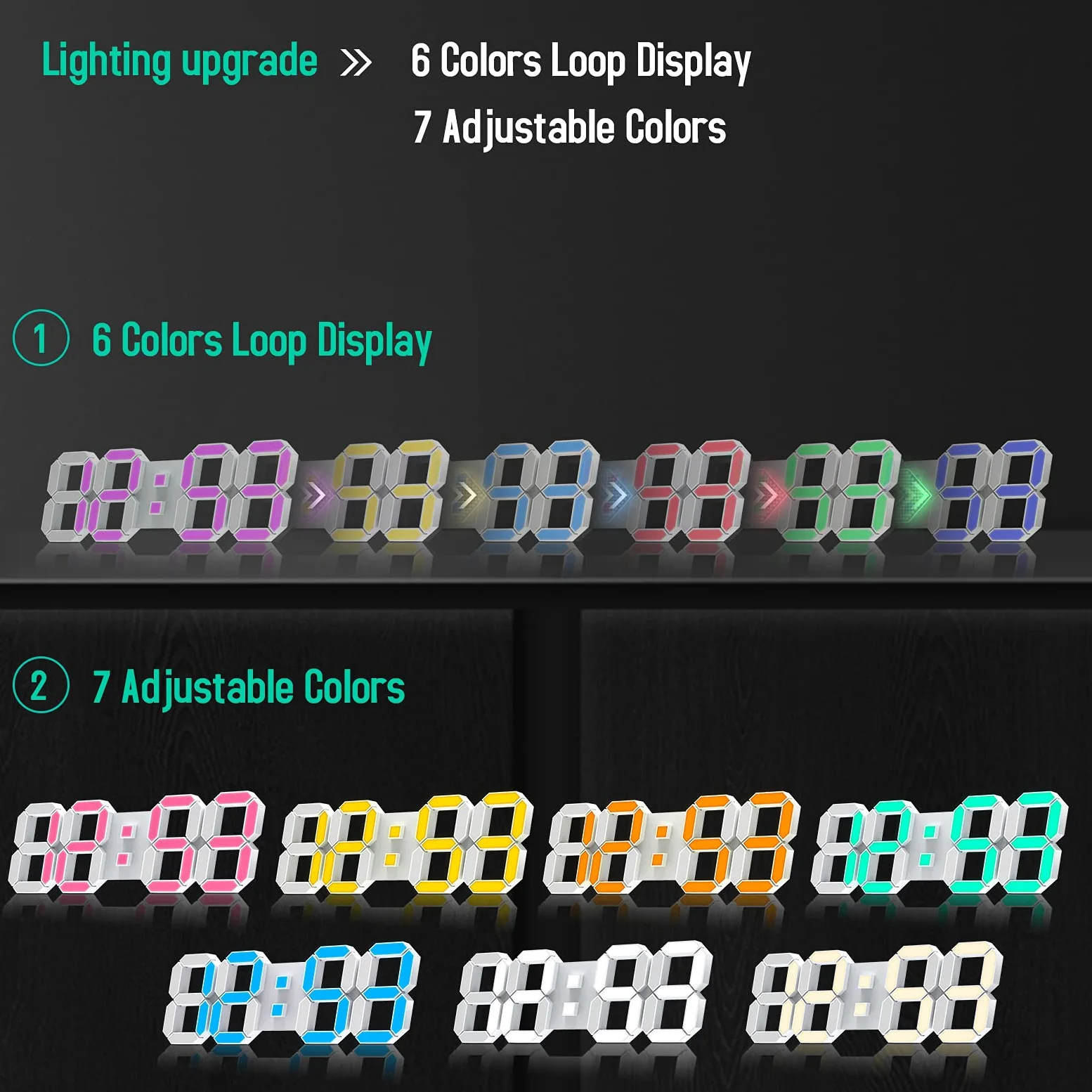 Horloge murale 3D LED 7 couleurs 38,1 cm avec télécommande réveil numérique à luminosité réglable, minuteur 12/24 heures, heure/date/température, cycle de couleurs pour chambre/salon/bureau à domicile