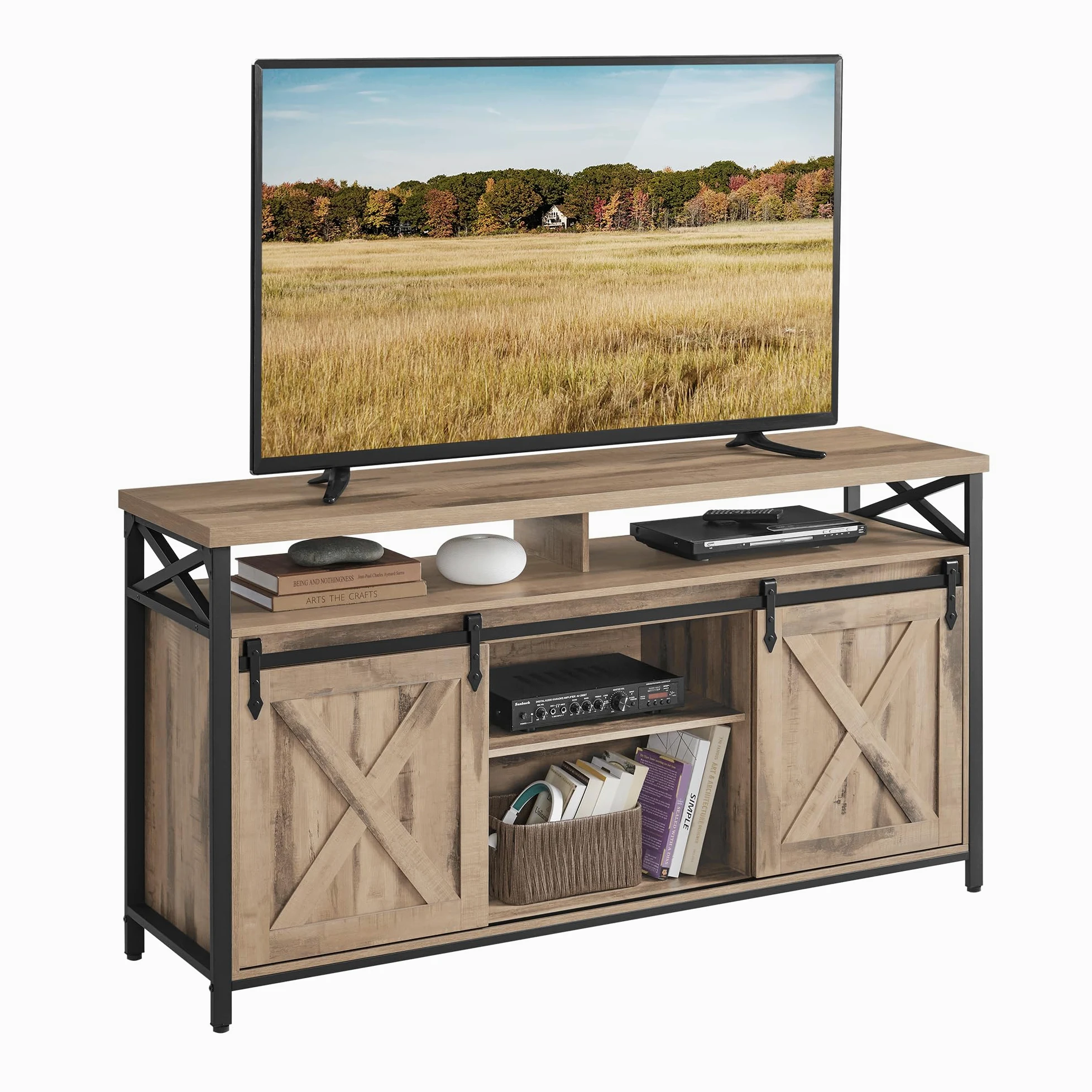 VASAGLE Meuble TV, Support pour Téléviseur Jusqu’à 65 Pouces, avec Étagères Réglables, Portes Imitation Grange, Style Rustique, Cadre en Métal, Marron Camel et Noir Simple LTV071B50V1
