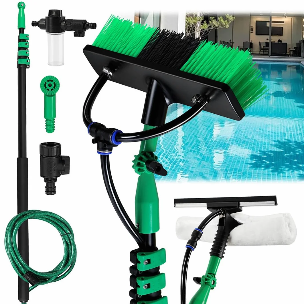 Brosse de lavage télescopique 3,6 m, avec manche télescopique en aluminium, brosse télescopique avec raccord d'eau, nettoyage des fenêtres et des installations PV, brosse télescopique, avec