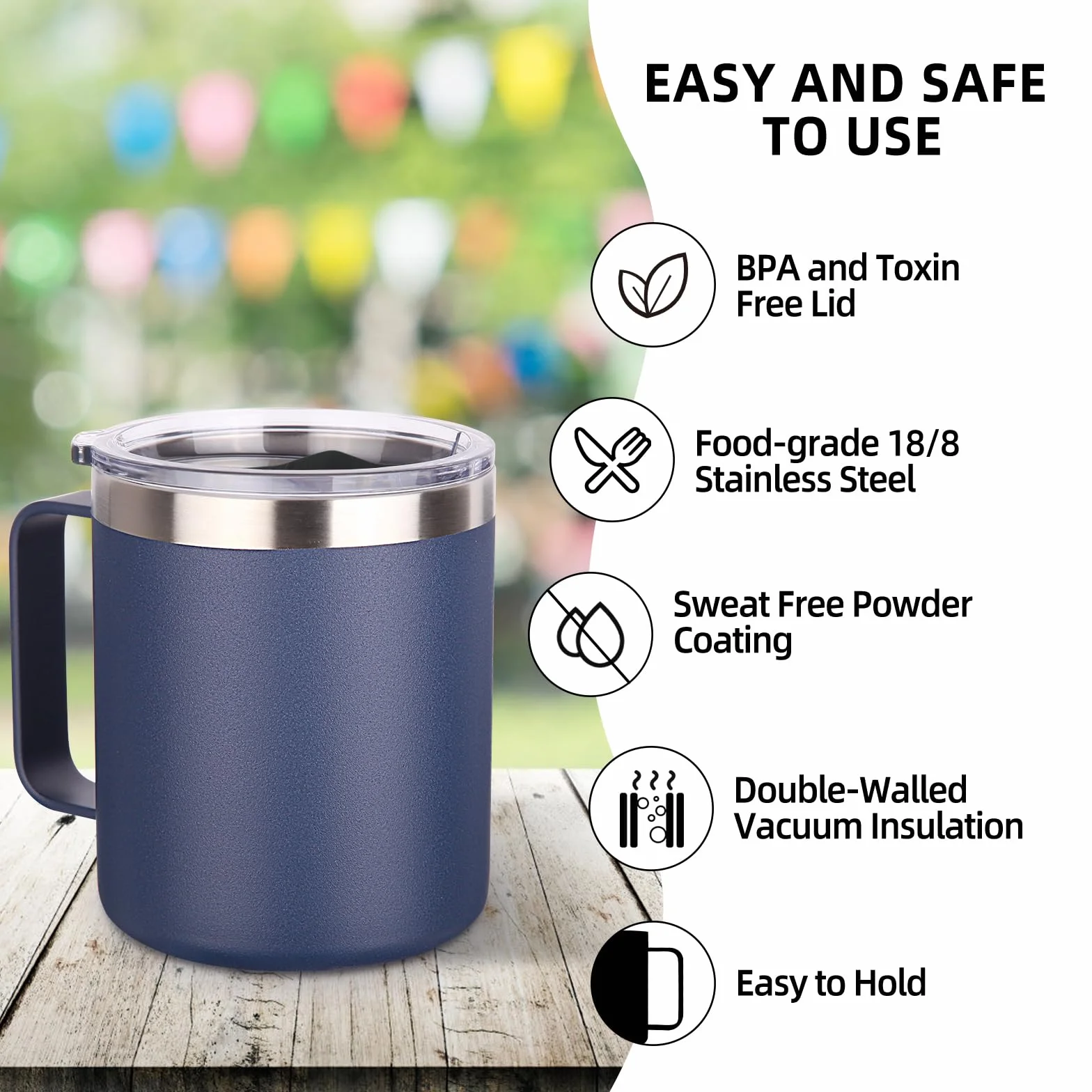 Volhoply Lot de 4 tasses à café isothermes en acier inoxydable avec couvercle – Tasse à café de voyage à double paroi avec poignée – Gobelet isotherme réutilisable en métal pour le camping – Cadeau de