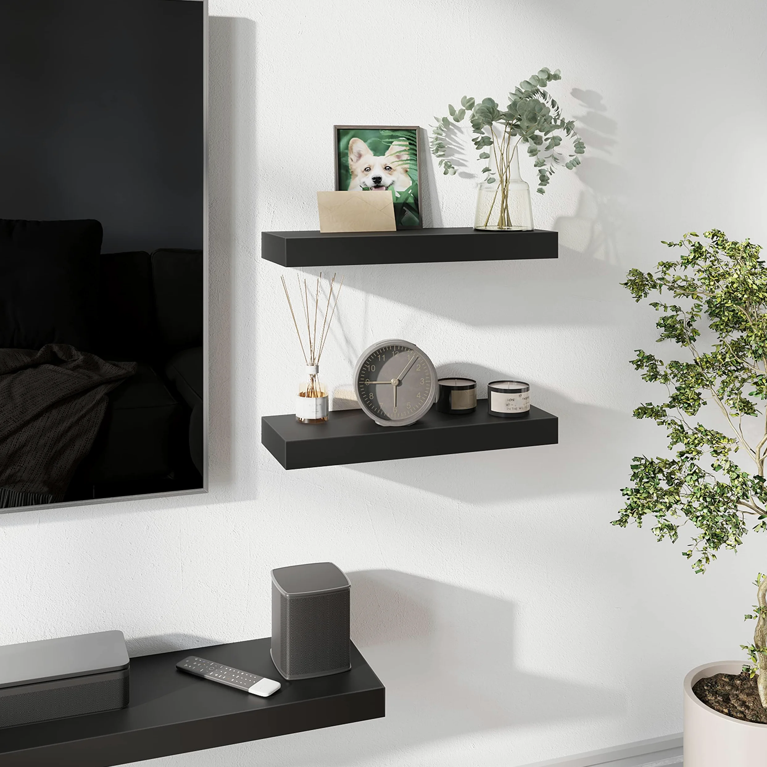 BAMEOS Lot de 2 étagères murales flottantes en Bois Noir avec Supports Invisibles pour Chambre à Coucher, Salle de Bain, Salon et Cuisine