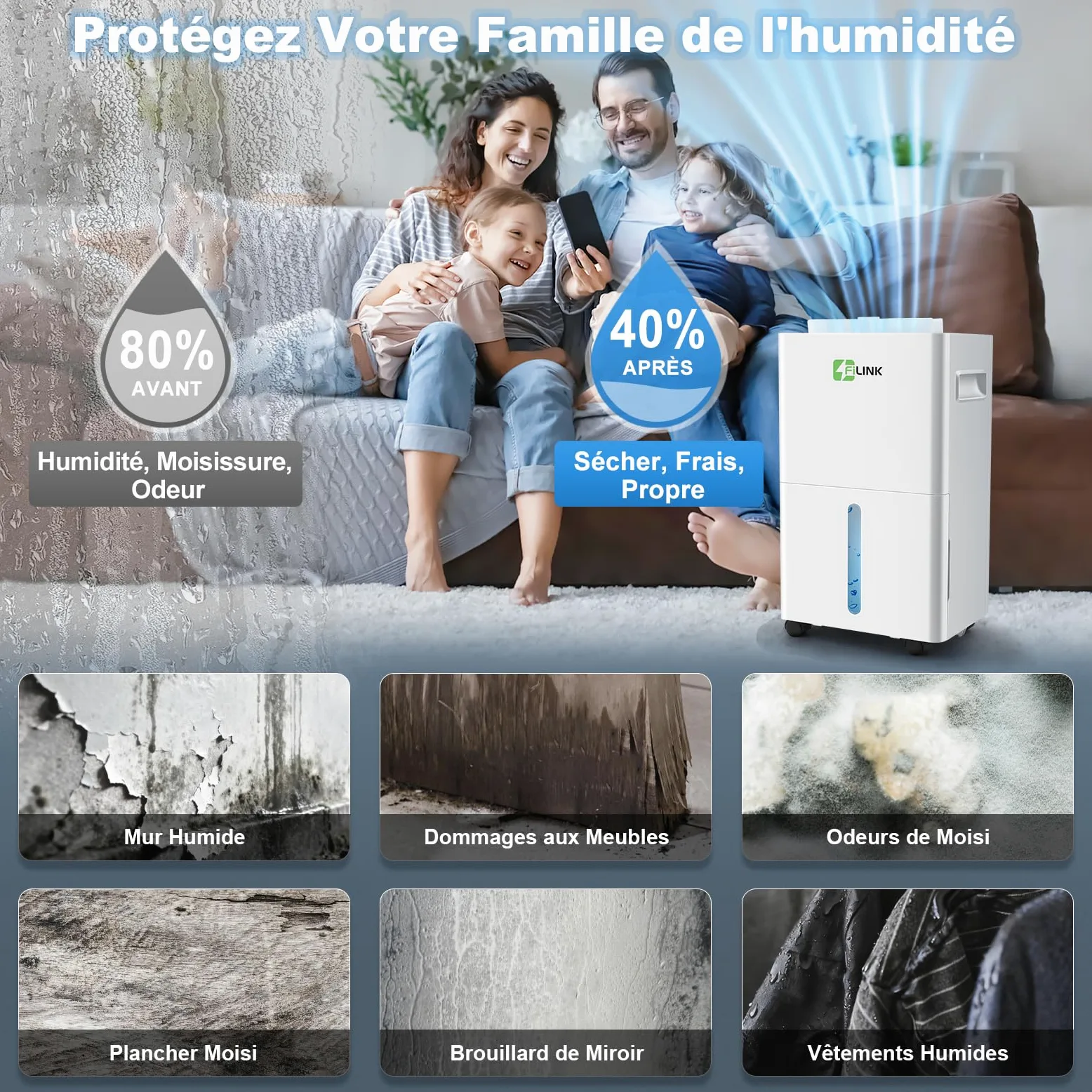 Deshumidificateur d Air 9L/Jour, Déshumidificateur Electrique, Minuterie 24H, Verrouillage pour Enfants, Protection Anti Débordement, 60m³(25m²), pour Maison, Appartement, Salle de Bain, Chambre, Cave