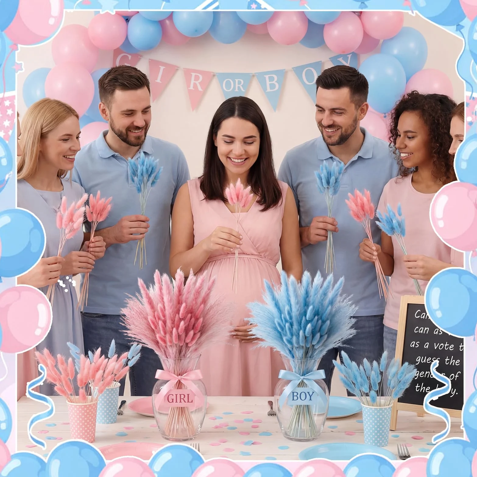 Hoteam Lot de 105 décorations de révélation du sexe rose bleu herbe de la pampa garçon ou fille | Décoration de fête prénatale « He or She » bohème - Herbe de la pampa - Fleurs séchées pour centres de table ou vase