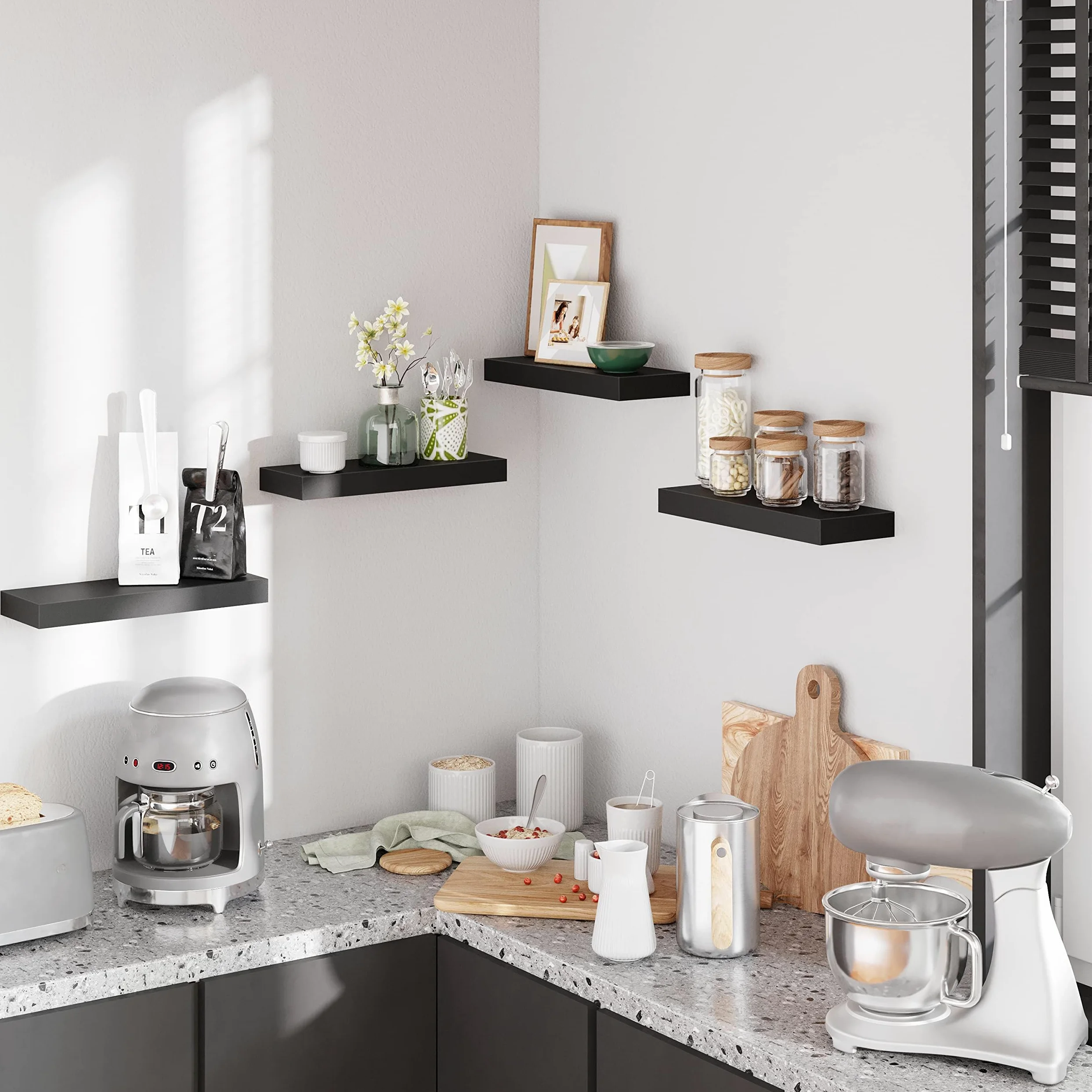 BAMEOS Lot de 2 étagères murales flottantes en Bois Noir avec Supports Invisibles pour Chambre à Coucher, Salle de Bain, Salon et Cuisine