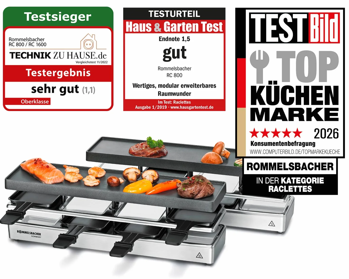 ROMMELSBACHER RC 1600 Fun for 4+4 Appareil à raclette (barbecue de table, pour 8 personnes, extensible, parking, plaque de cuisson en aluminium moulé sous pression avec revêtement antiadhésif Xylan