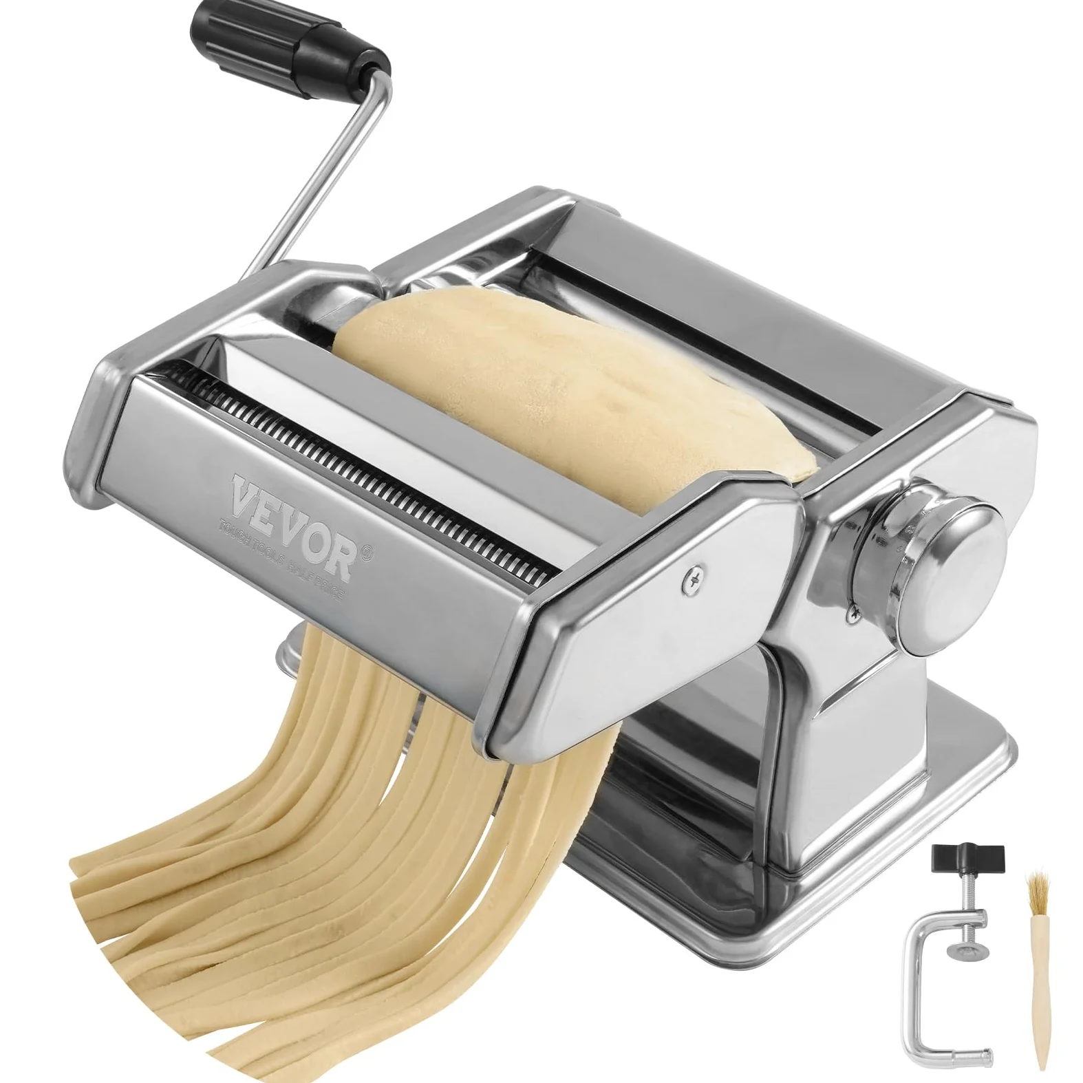 VEVOR Machine à Pâtes Manuelle Acier Inox Machine à Pâtes Fraîches Italiennes 9 Épaisseurs 0,3-3 mm Largeur 1,5/6,6 mm Brosse et Manivelle Incluse pour Spaghettis Emballages de Boulettes et de Ravioli