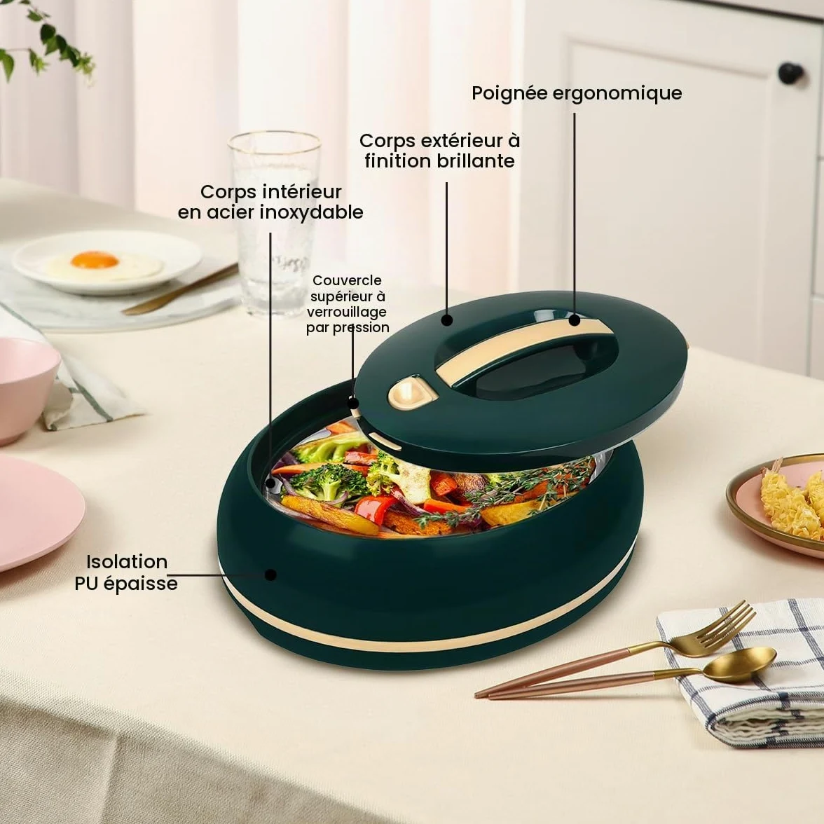 Grand plat de transport isotherme ovale élégant - Couvercle ouvert à une main - 3,15 l - Réchauffeur/refroidisseur de luxe - Bol de service thermique pour buffet/fête - Récipient pour aliments chauds
