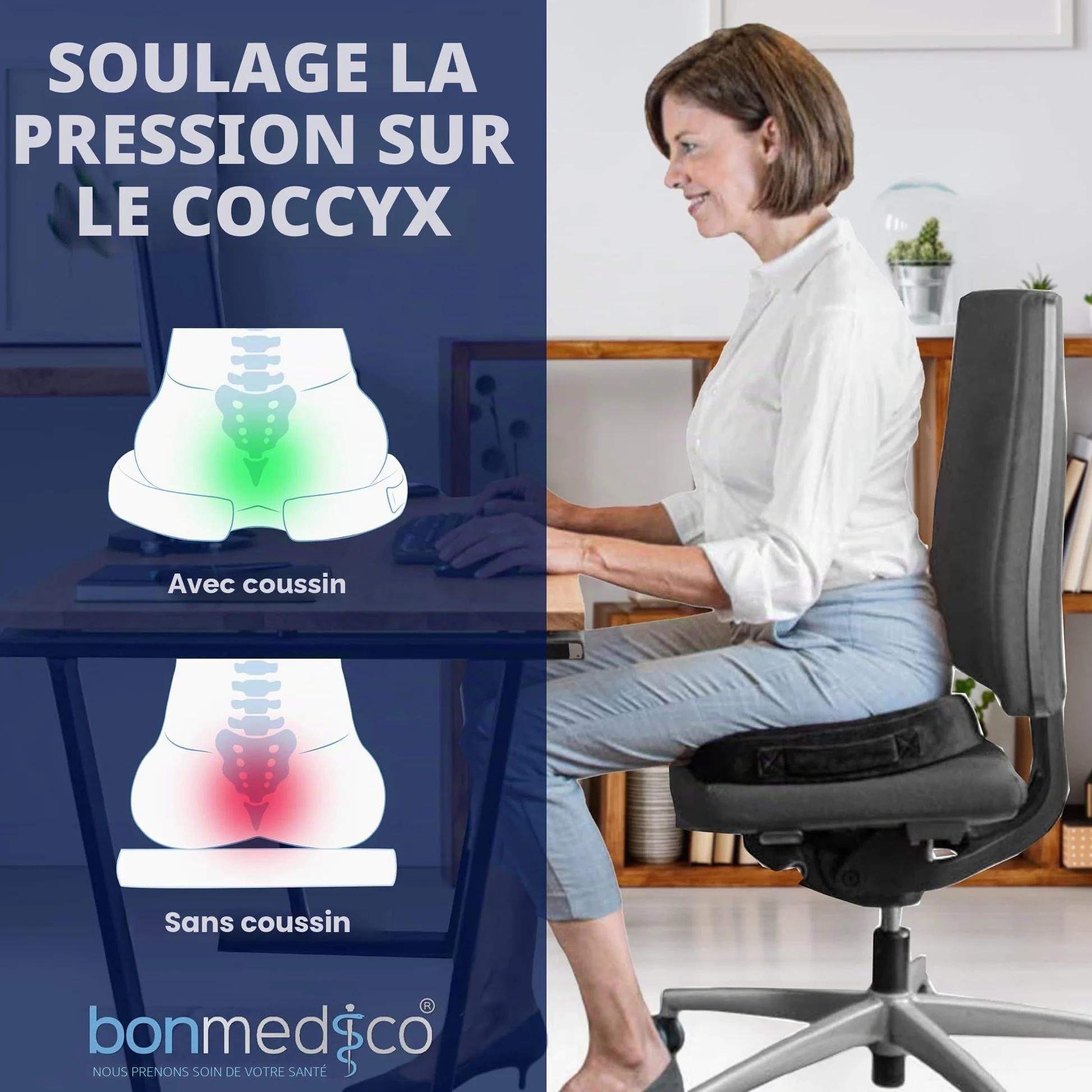 Coussin Ergonomique Assise et Coccyx en Mémoire de Forme - Coussin Orthopédique pour Chaise Bureau, Fauteuil et Voiture Conducteur - Soulage Sciatique et Lombaire - Coussin de Chaise – Noir, Standard