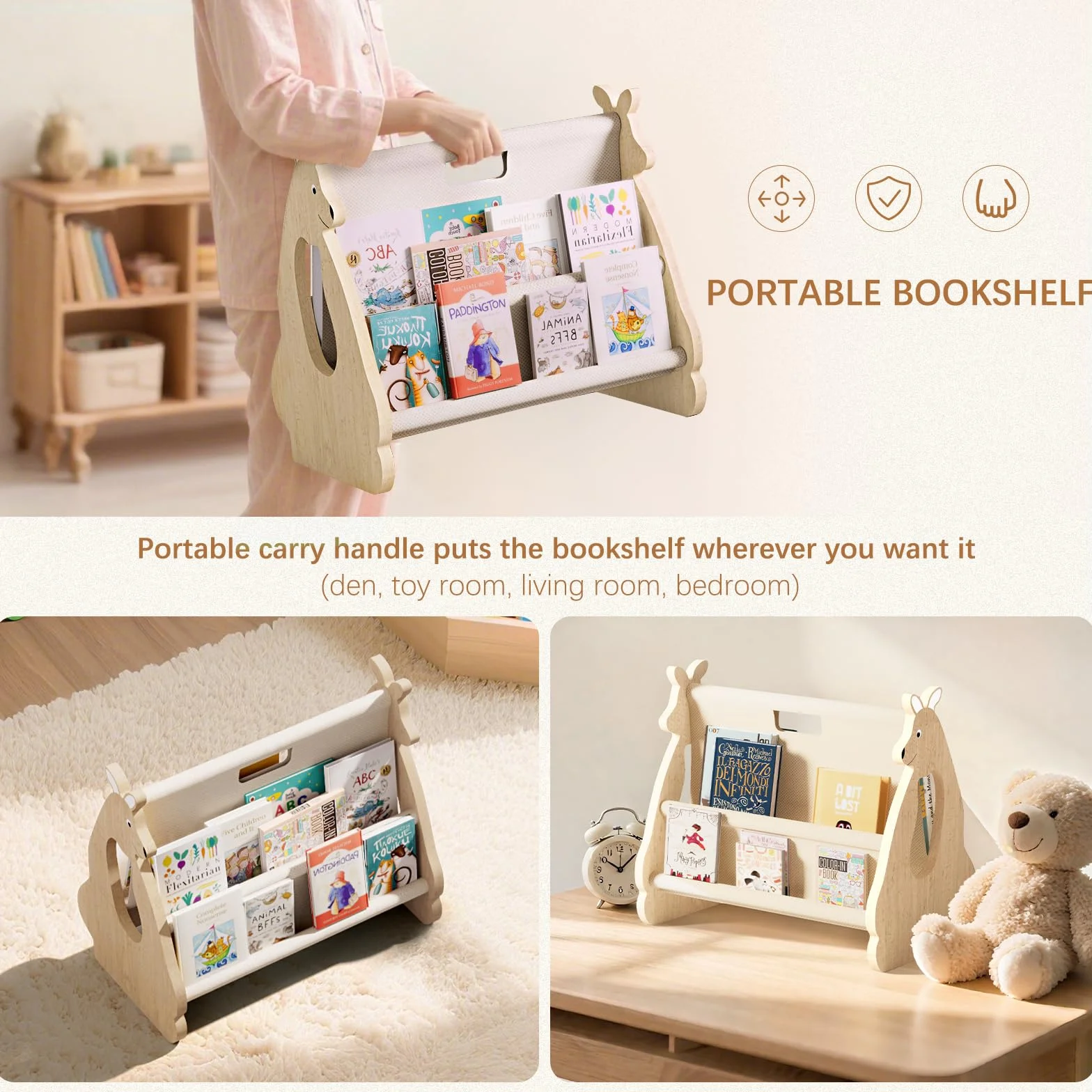 EURYUNG Bibliothèque Enfant Bois – Bibliothèque Montessori Bebe pour Chambre d’Enfant, Design Kangourou, Rangement Livres Enfants, Meuble Chambre Enfant, Bibliothèque Portable, Etagere Livre Enfant