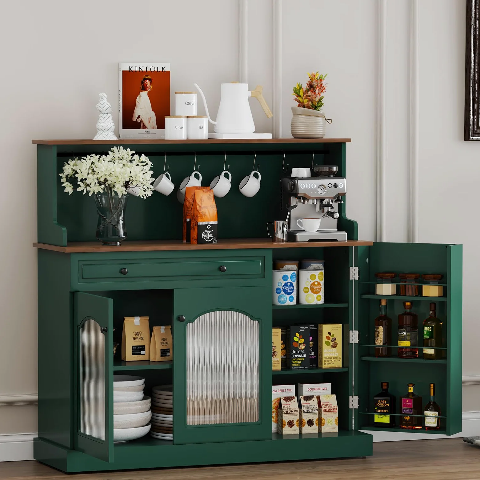 HOLTICO Vaisselier Buffet de Cuisine avec Plan de Travail, Meuble pour Micro-Onde et Bar à Café, avec Armoire de Rangement, Tiroir et Étagères, pour Salle à Manger, Salon, 120 x 120 x 40 cm, Vert