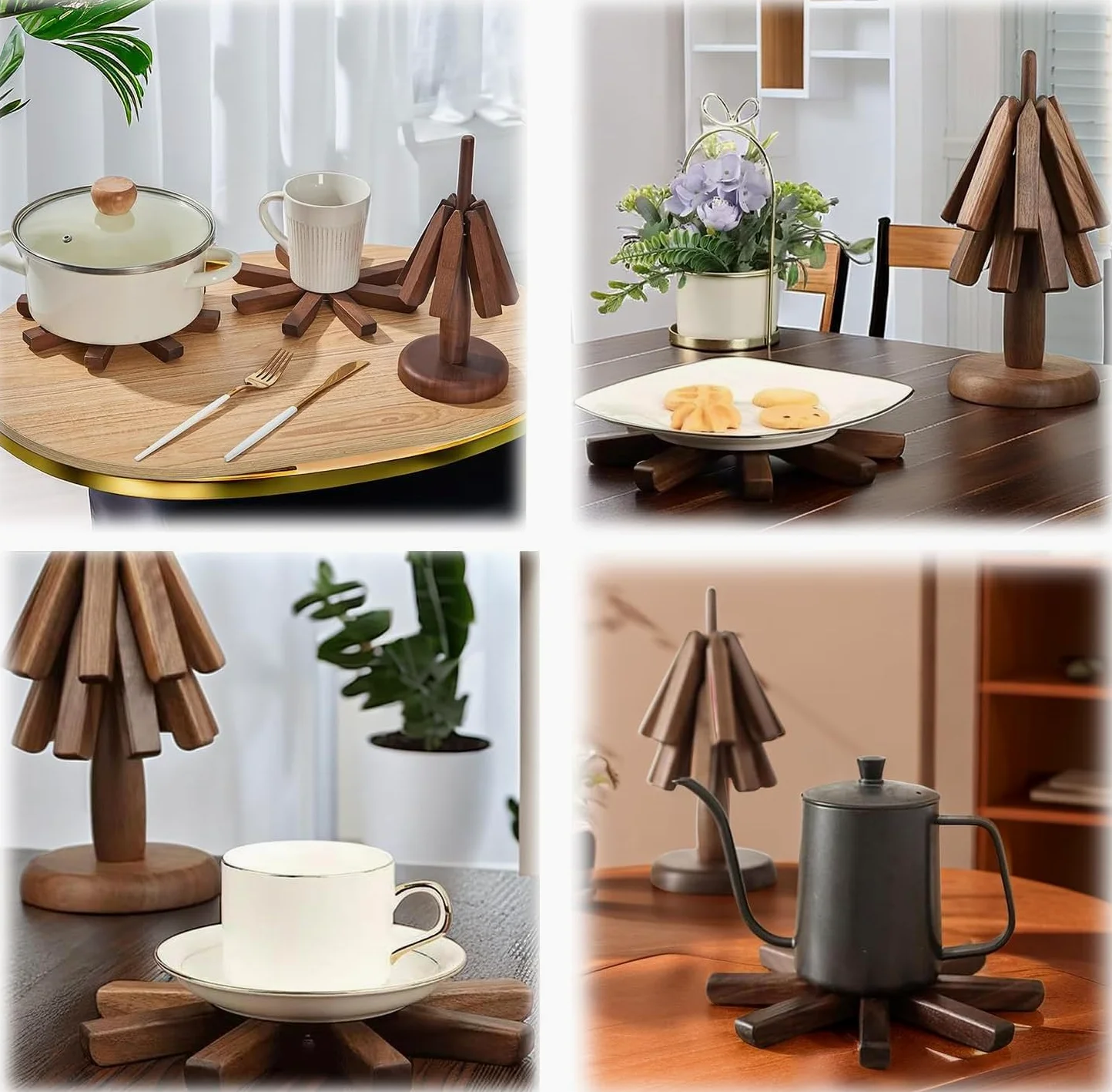 Dessous de plat arbre pliable design – Set bois de noyer – Antidérapant & résistant à la chaleur – Idéal salon, cuisine, bureau – Support théière multifonction – Accessoire maison décoratif