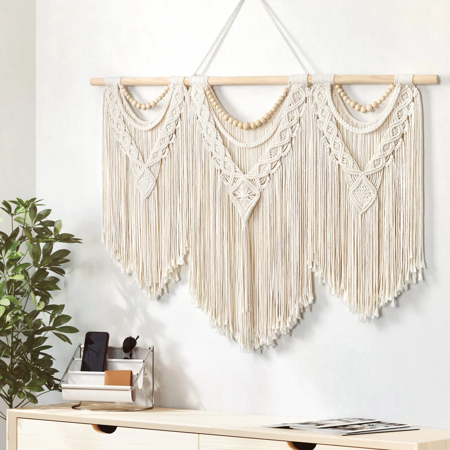 Dremisland Macramé Tenture Murale Grande Boho Chic Tissé Tapisserie Feuille Gland Art Coton Corde Bohème Macramé Décoration Murale pour Chambre Salon Appartement Toile de Fond (Perles en bois)