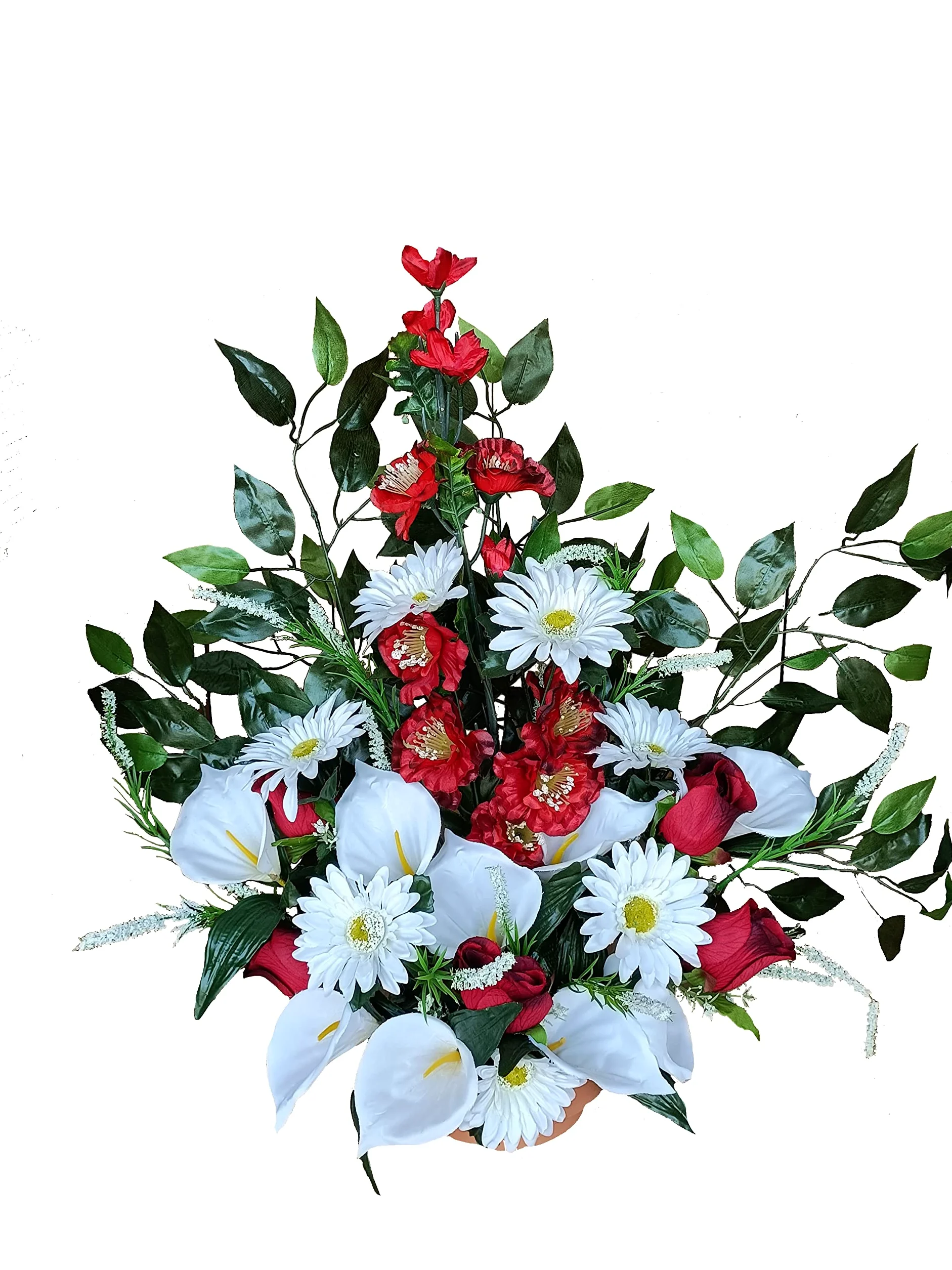 DRW Centre de Fleurs artificielles Cimetière, Saints, Anniversaire Rond Rouge et Blanc criques, Marguerites et bourgeons 50 cm x 60 cm Hauteur x 25 cm Profondeur