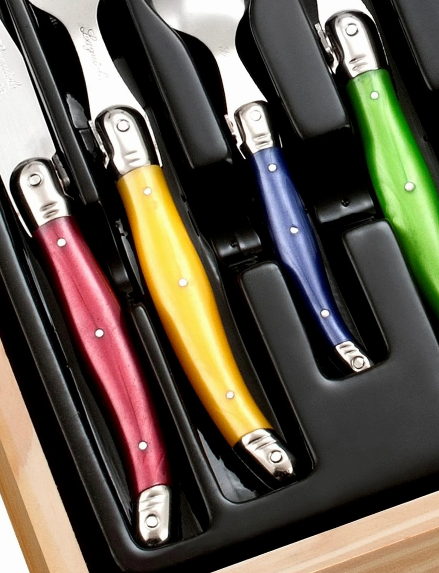 Pradel Excellence - I7214P - Ménagère Laguiole 24 Pièces - 6 Couteaux, 6 Fourchettes, 6 Cuillères à Soupe, 6 Cuillères à Café - Lames Inox - Manches ABS Pastel - Coffret Bois Élégant