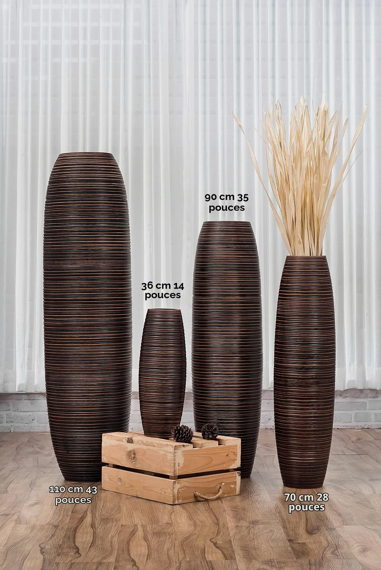 Leewadee Grand Vase de Sol 85 cm Bois de Manguier Pampa & Fleurs Séchées | Vase Déco pour Salon, pour Branches & Herbes Séchées. Plus solide que la Céramique, sans Eau. Bohème