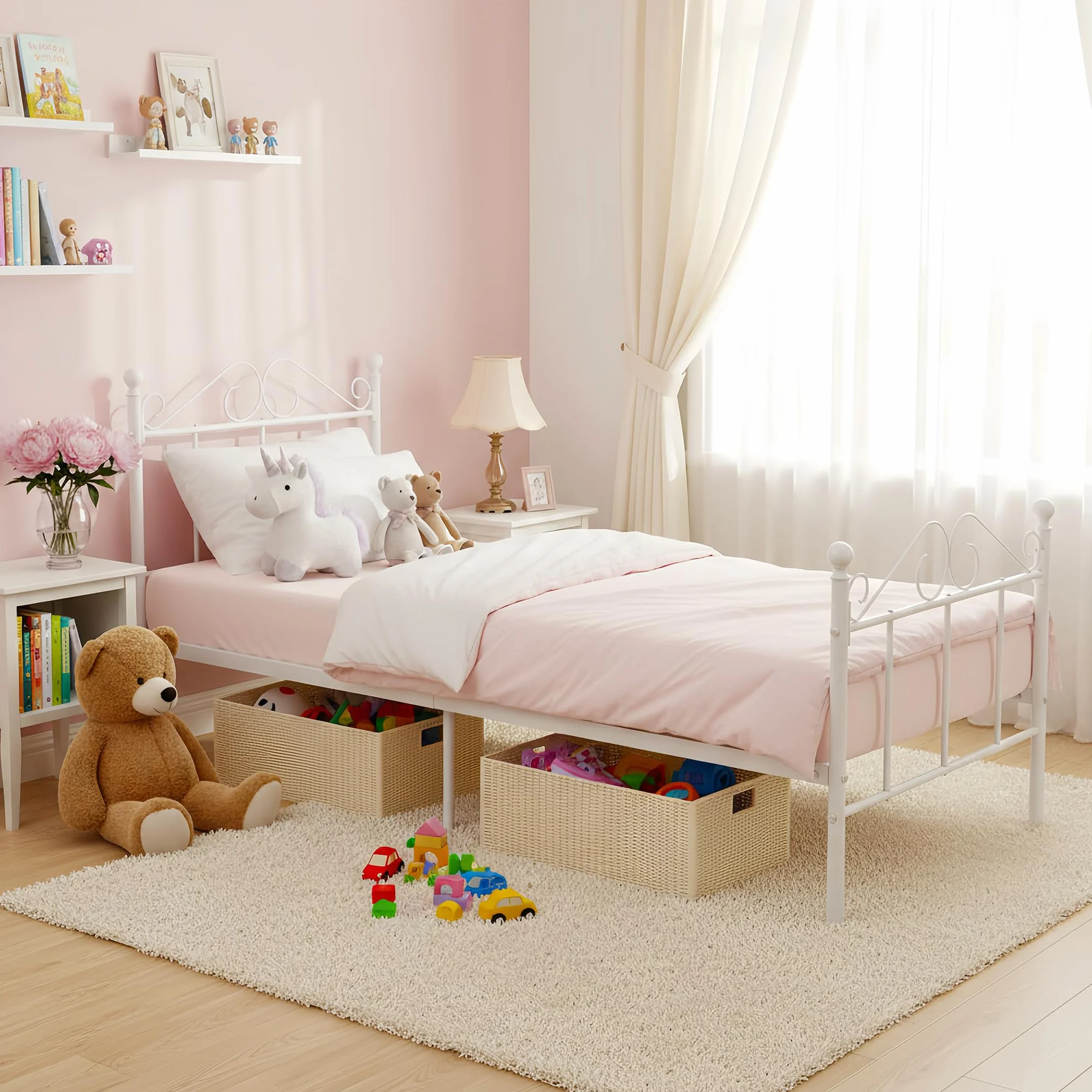 Cadre de Lit Enfant en Métal pour Matelas 90x190 cm, Lit Enfant Sol avec Sommier 90x190/Montage Facile/Convient comme pour Enfants/Ado/Adolescent Garcon/Fille/Senior/Blanc/Style A