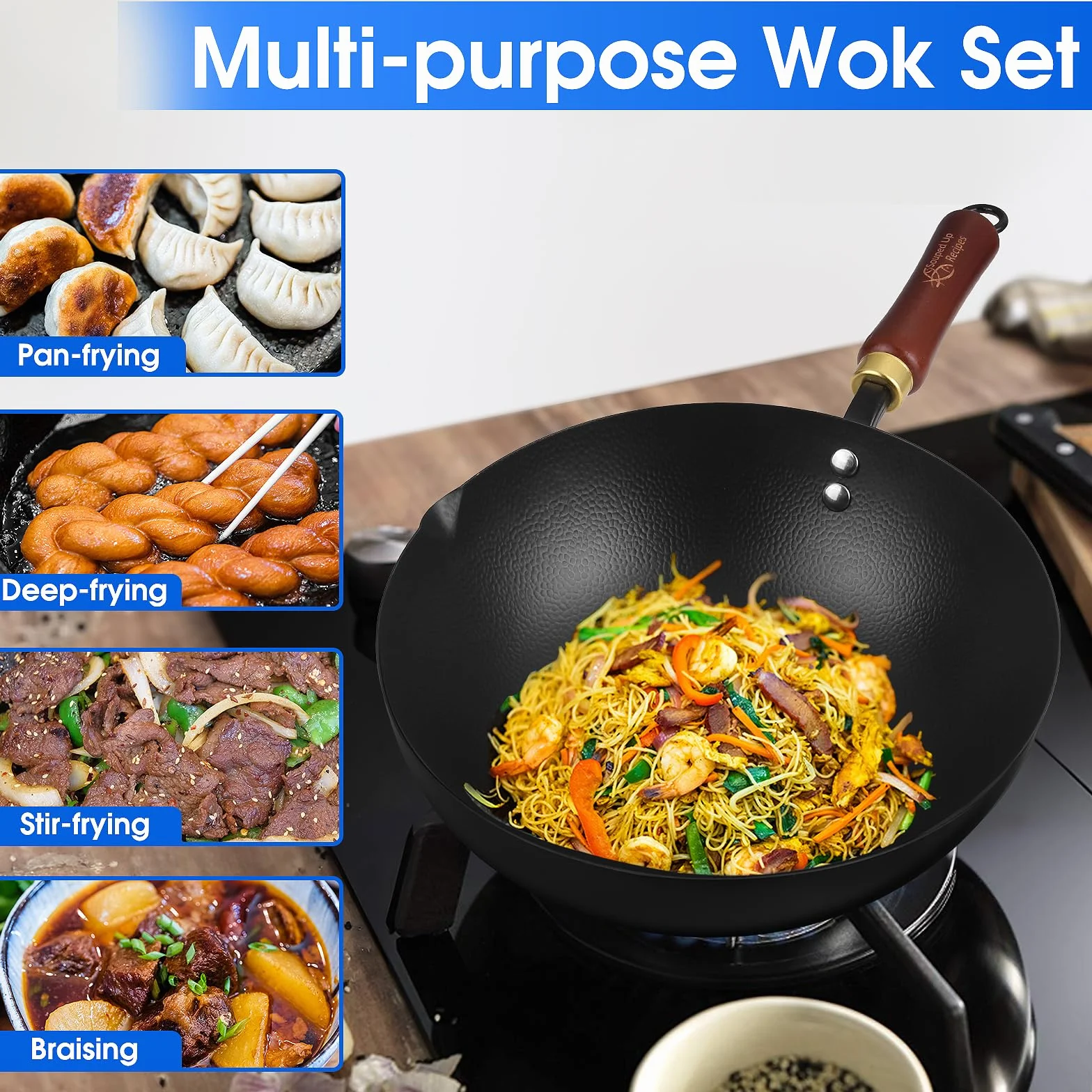 Souped Up Recipes Wok en acier carbone de 25,4 cm pour cuisinières électriques, à induction et à gaz (couvercle et guide d'utilisation vidéo inclus)