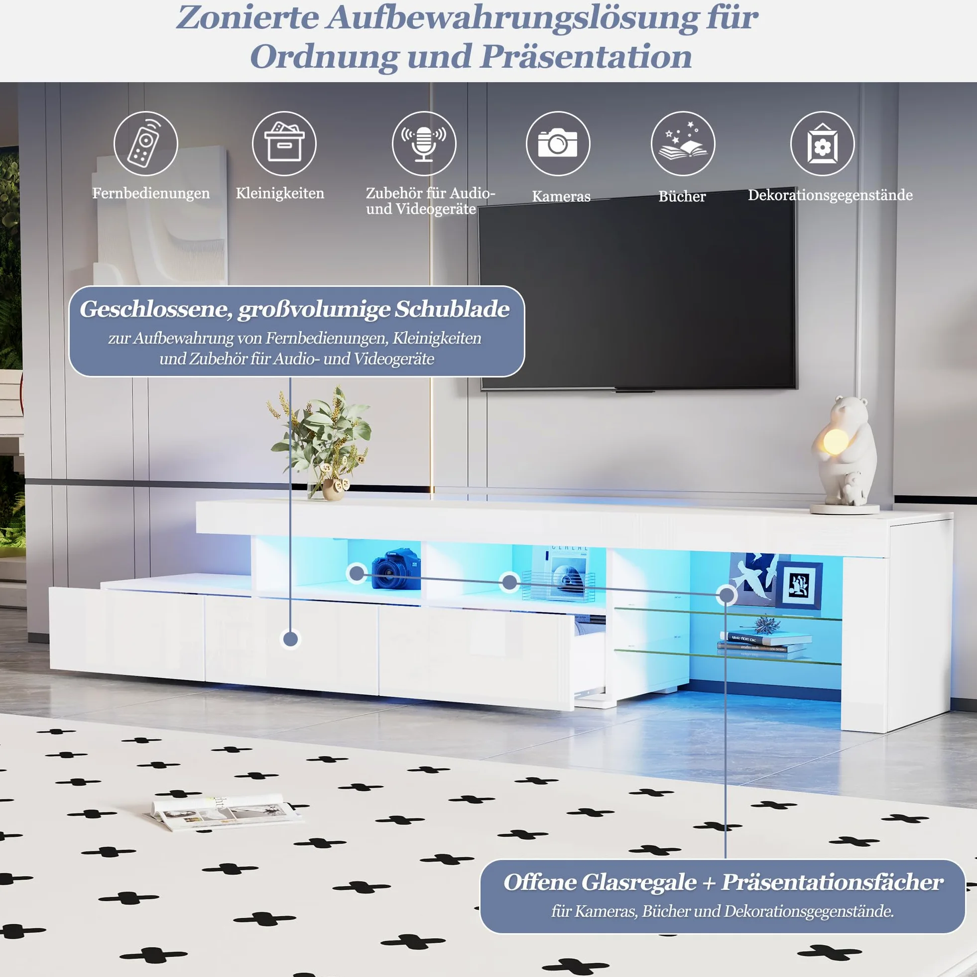 Meuble TV 180 cm Blanc Laqué avec Éclairage LED Piloté par App, Banc TV Moderne pour Téléviseurs jusqu'à 75 Pouces, 3 Tiroirs Push-to-Open et 7 Compartiments de Rangement pour Salon et Chambre