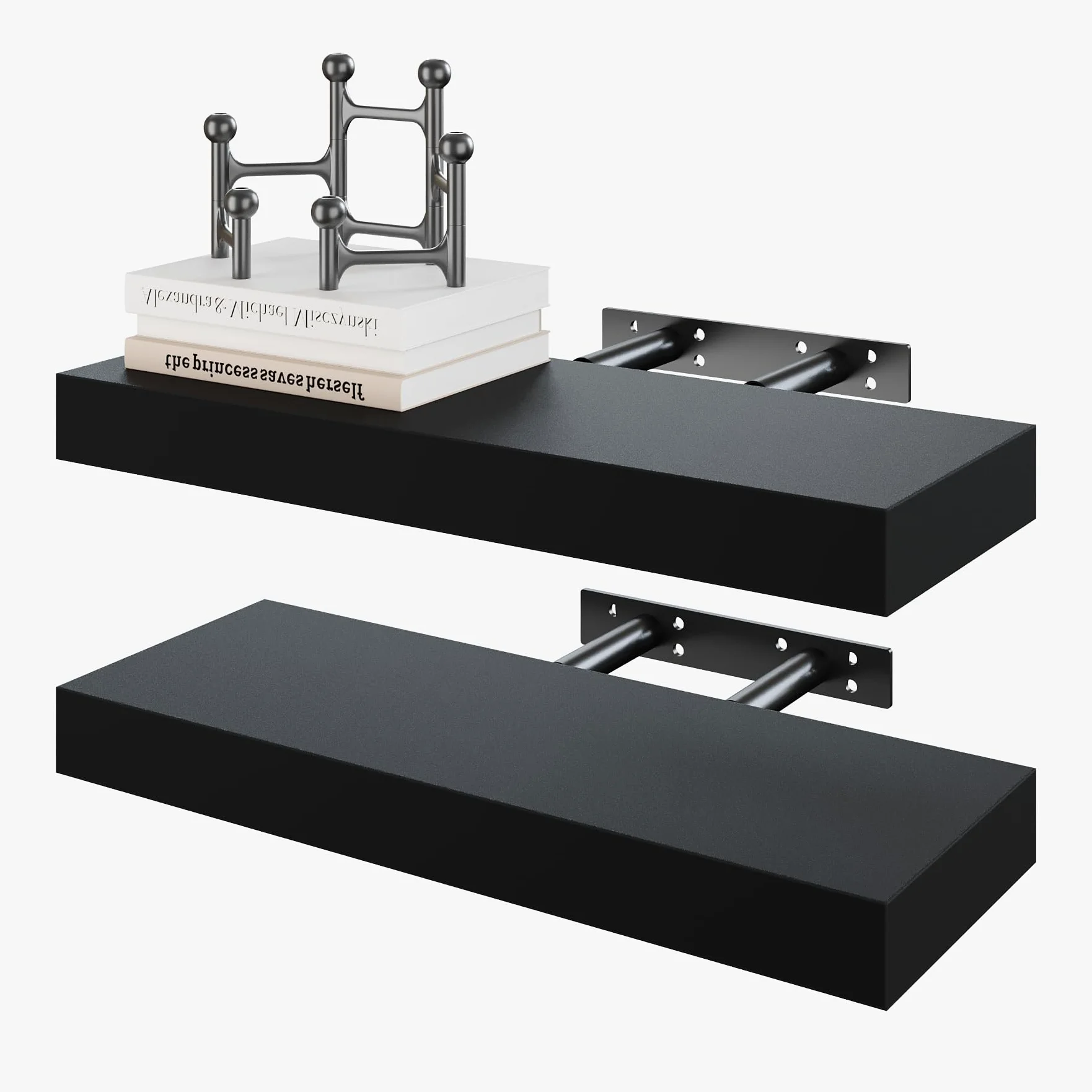BAMEOS Lot de 2 étagères murales flottantes en Bois Noir avec Supports Invisibles pour Chambre à Coucher, Salle de Bain, Salon et Cuisine