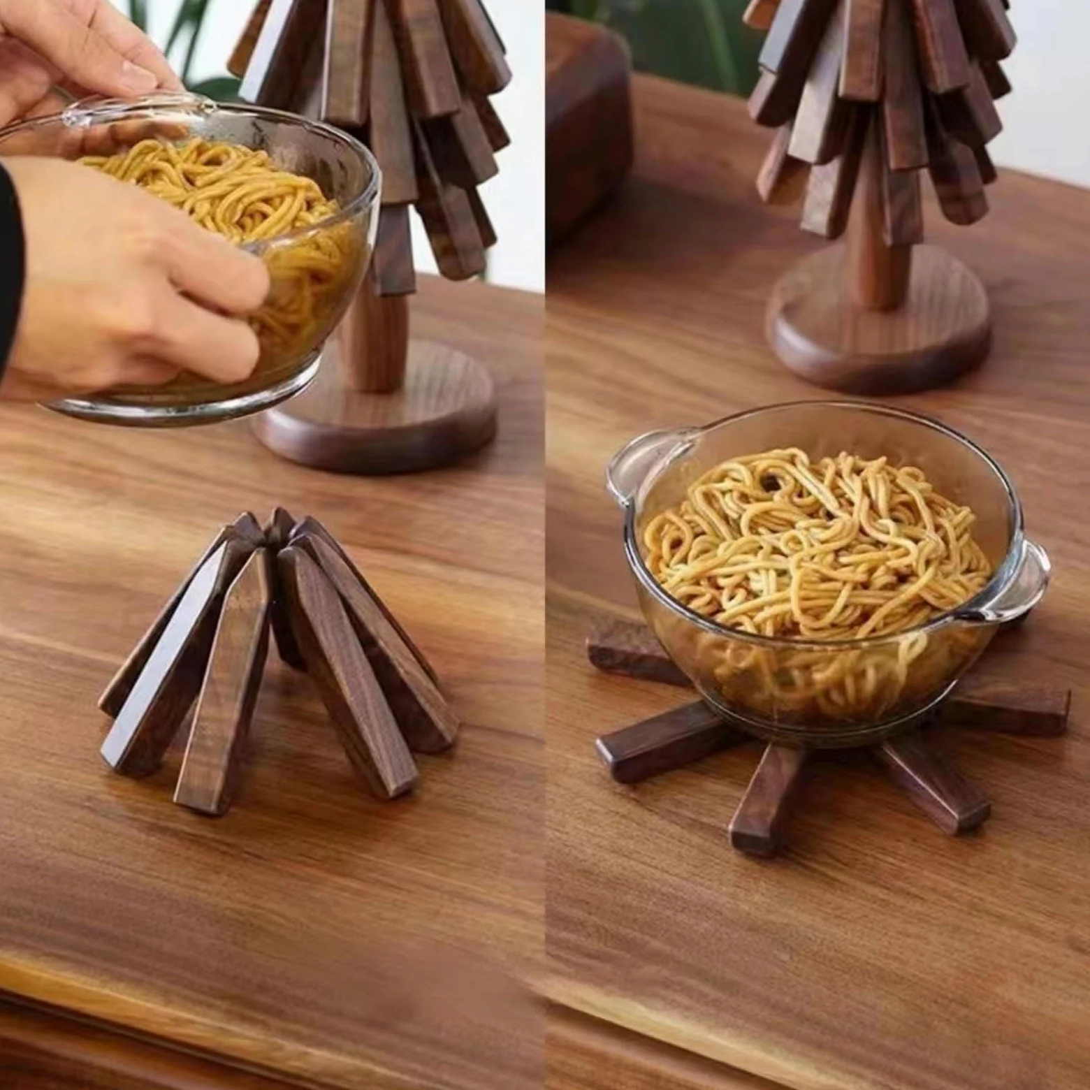 Dessous de plat arbre pliable design – Set bois de noyer – Antidérapant & résistant à la chaleur – Idéal salon, cuisine, bureau – Support théière multifonction – Accessoire maison décoratif