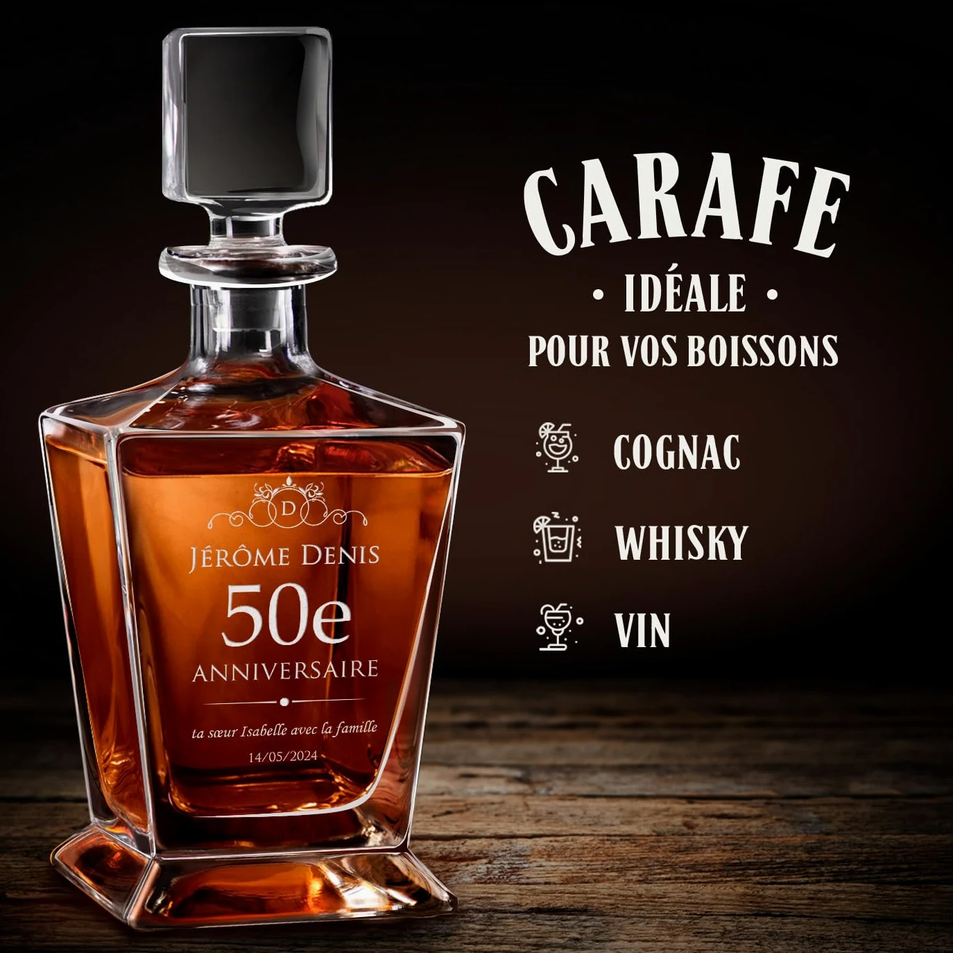 Maverton Ensemble de Carafe et 2/4 / 6 verres à whisky avec personnalisation - Set en verre transparent pour homme - pour anniversaire - pour lui - pour dégustation de whiskey - 50 ans