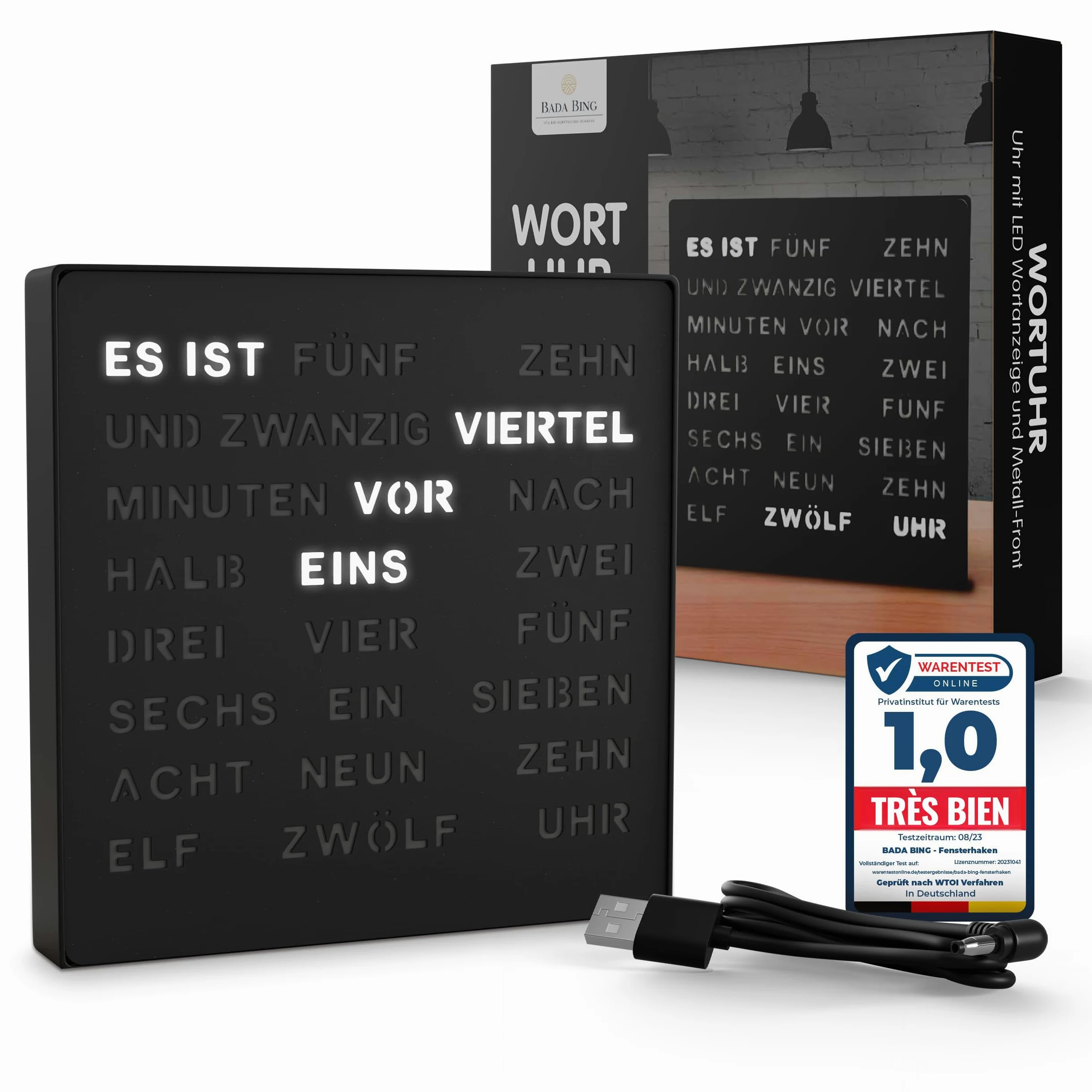 Bada Bing Horloge LED Noire avec Affichage du Mot Allemand - Horloge | en métal élégante avec câble USB - Horloge murale moderne - Horloge de table de qualité supérieure silencieuse à poser/à