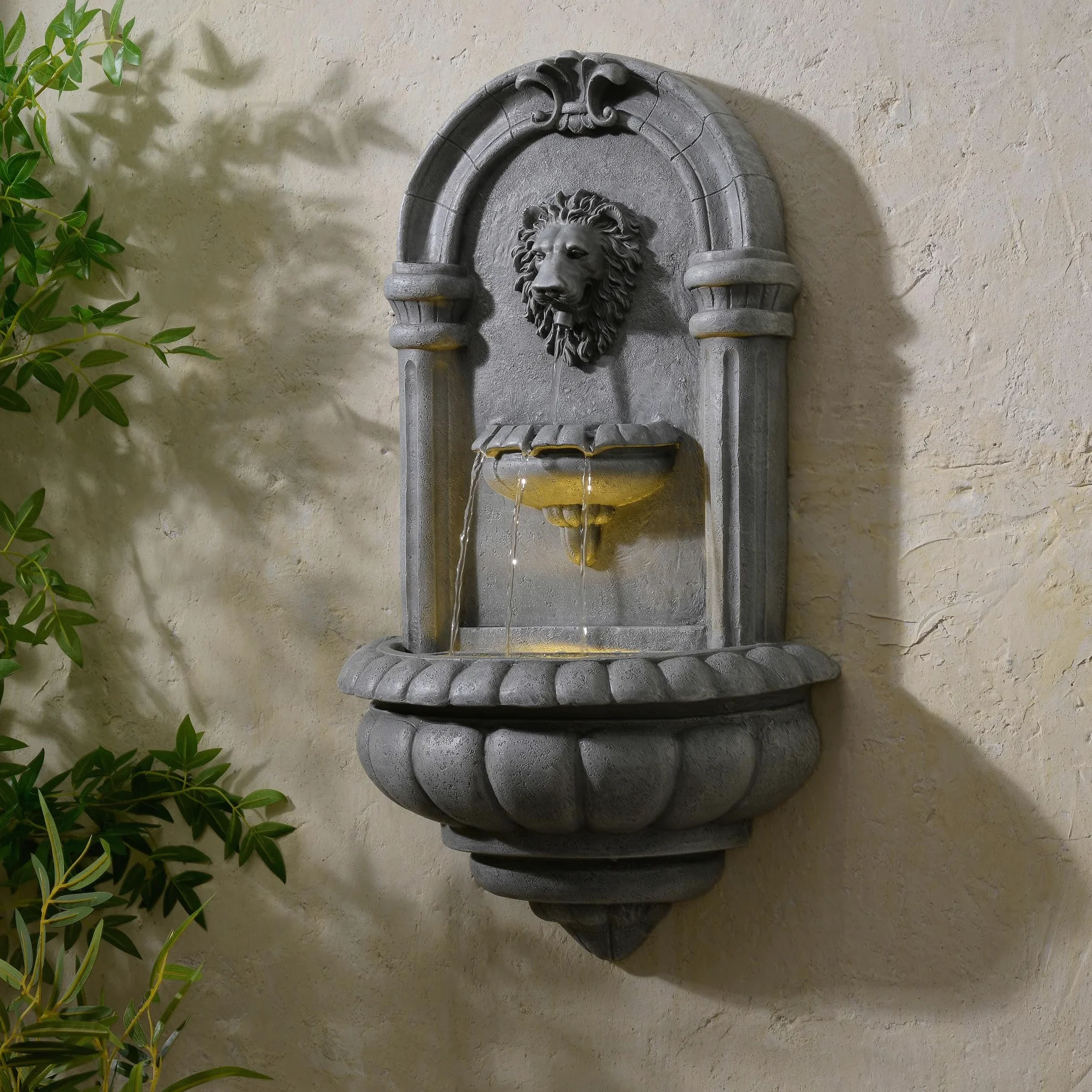 Teamson Home Fontaine Murale tête de Lion 81 cm Effet Pierre, éclairage LED intégré et Design Classique, Pierre Naturelle