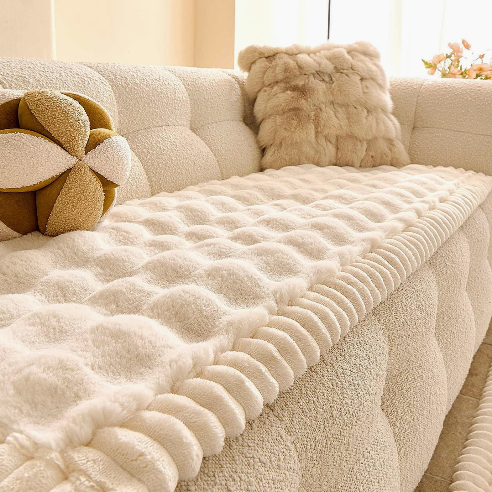 Générique Housse de Canapé Épais Peluche,Protege Canape Cuir Anti-dérapant | Housse Canape D'angle Couverture pour Canapé Tapis Rebord de Fenêtre Protection pour Canapé en Cuir de Salon,White,80x180cm