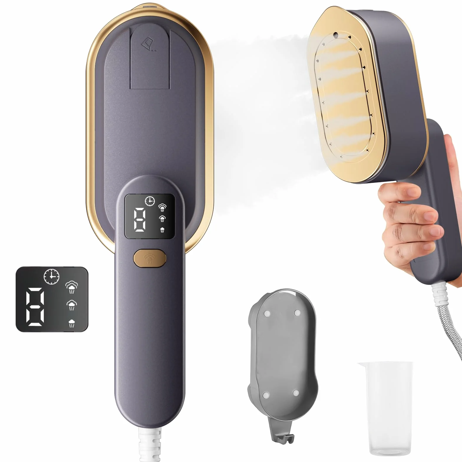 Fer à vapeur de voyage avec écran LCD, 10S, chauffage rapide, 2000 W, avec poignée rotative à 180°, défroisseur portable, 3 niveaux de vapeur pour les voyages, la maison, le bureau (Gris)